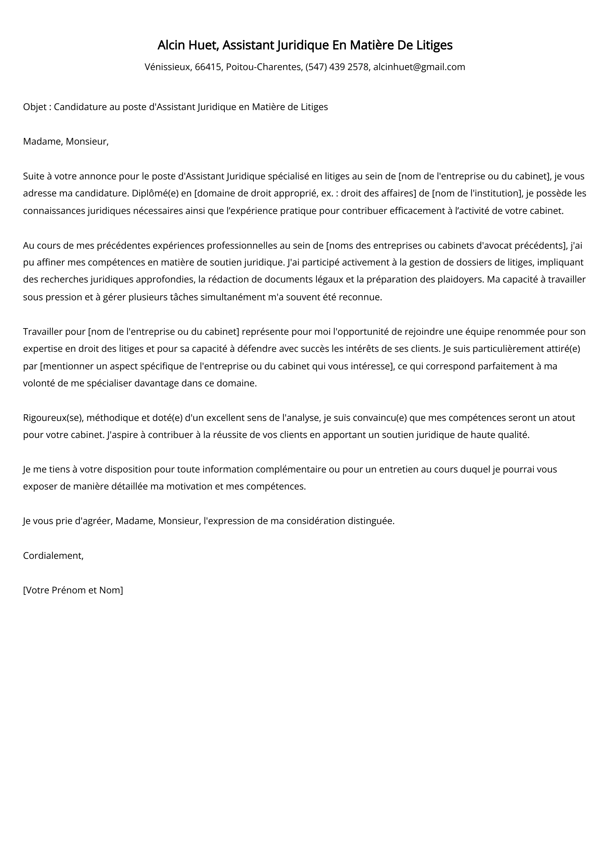 Lettre de motivation de l'assistant juridique en matière de litiges Exemple de lettre de motivation