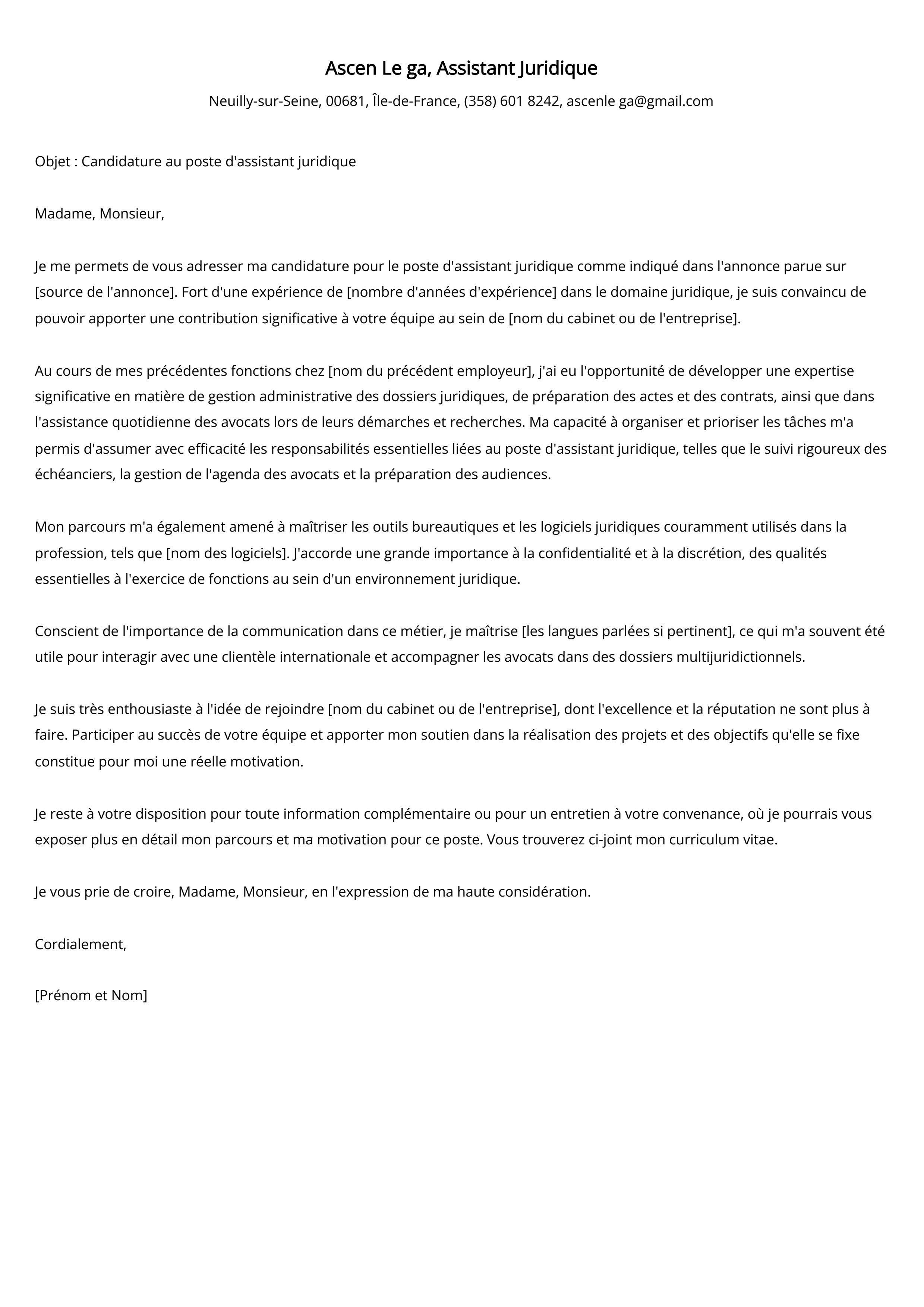 Exemple de lettre de motivation pour un assistant juridique