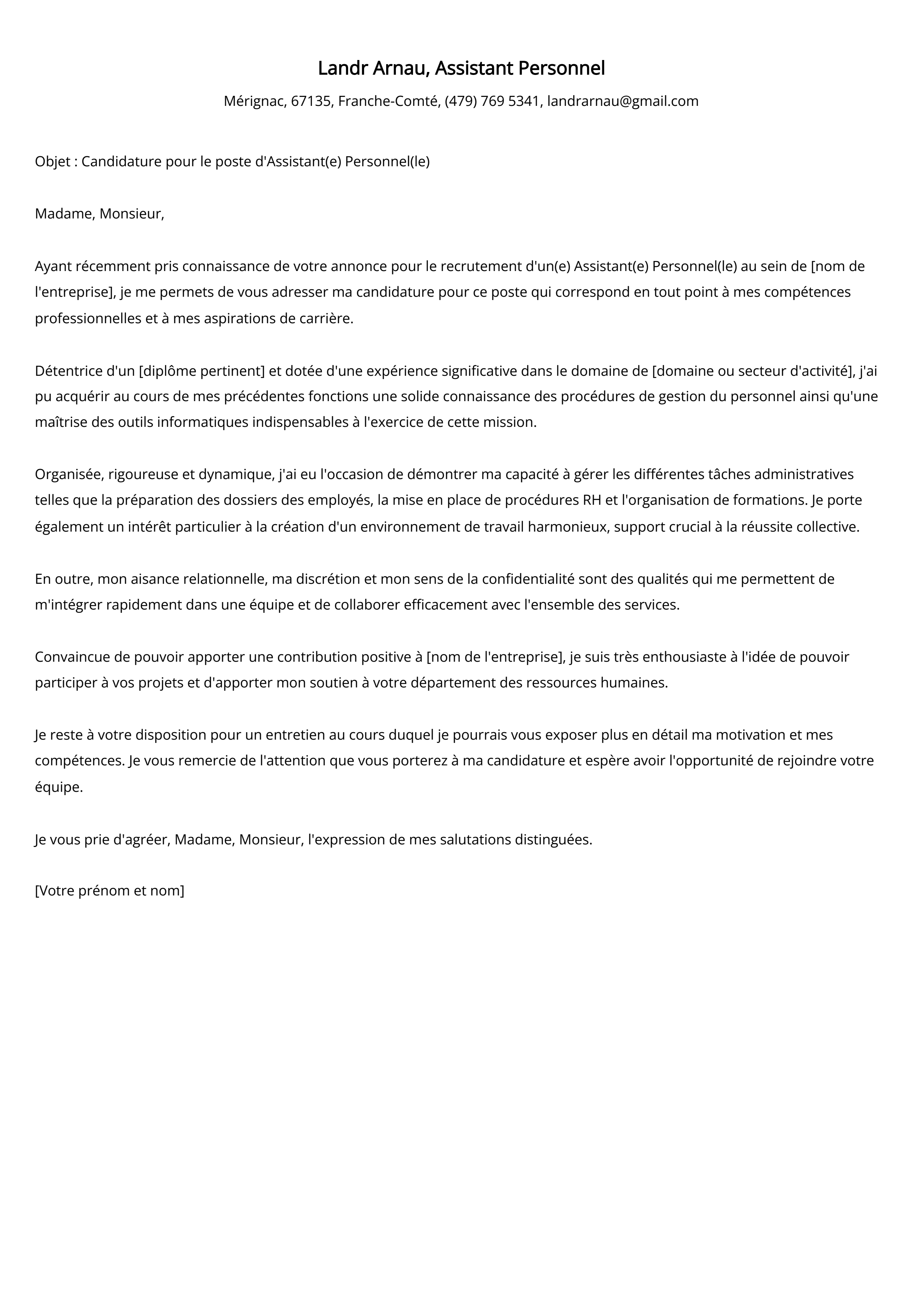 Exemple de lettre de couverture pour un assistant du personnel