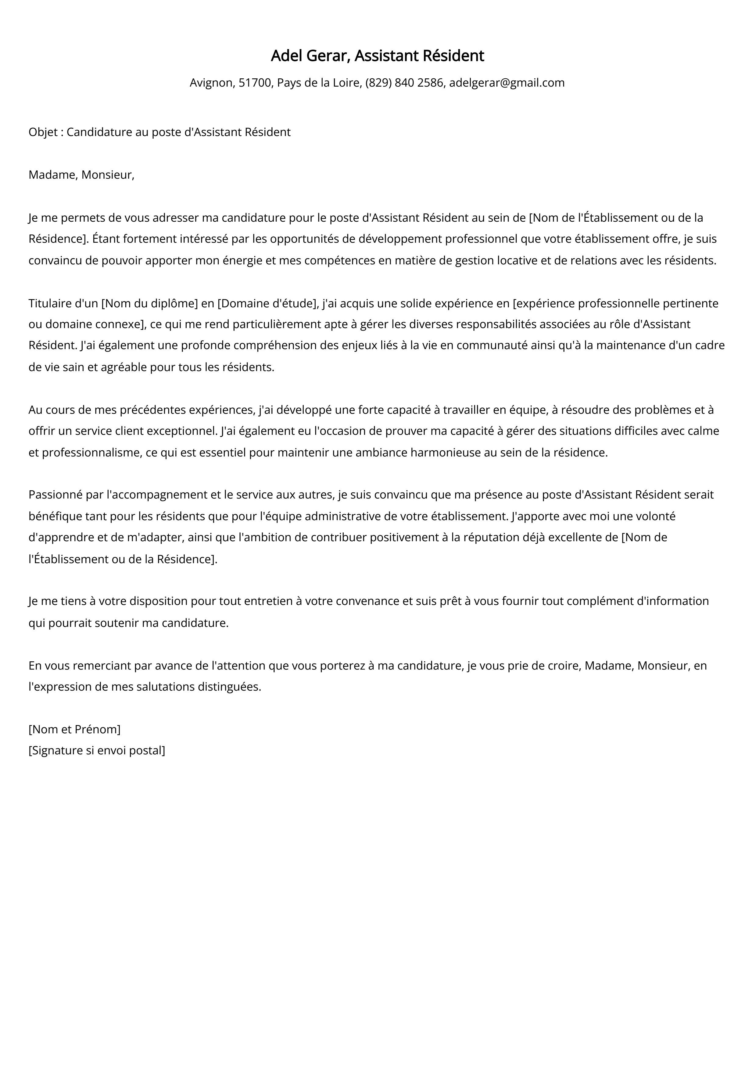 Lettre de motivation de l'assistant résident