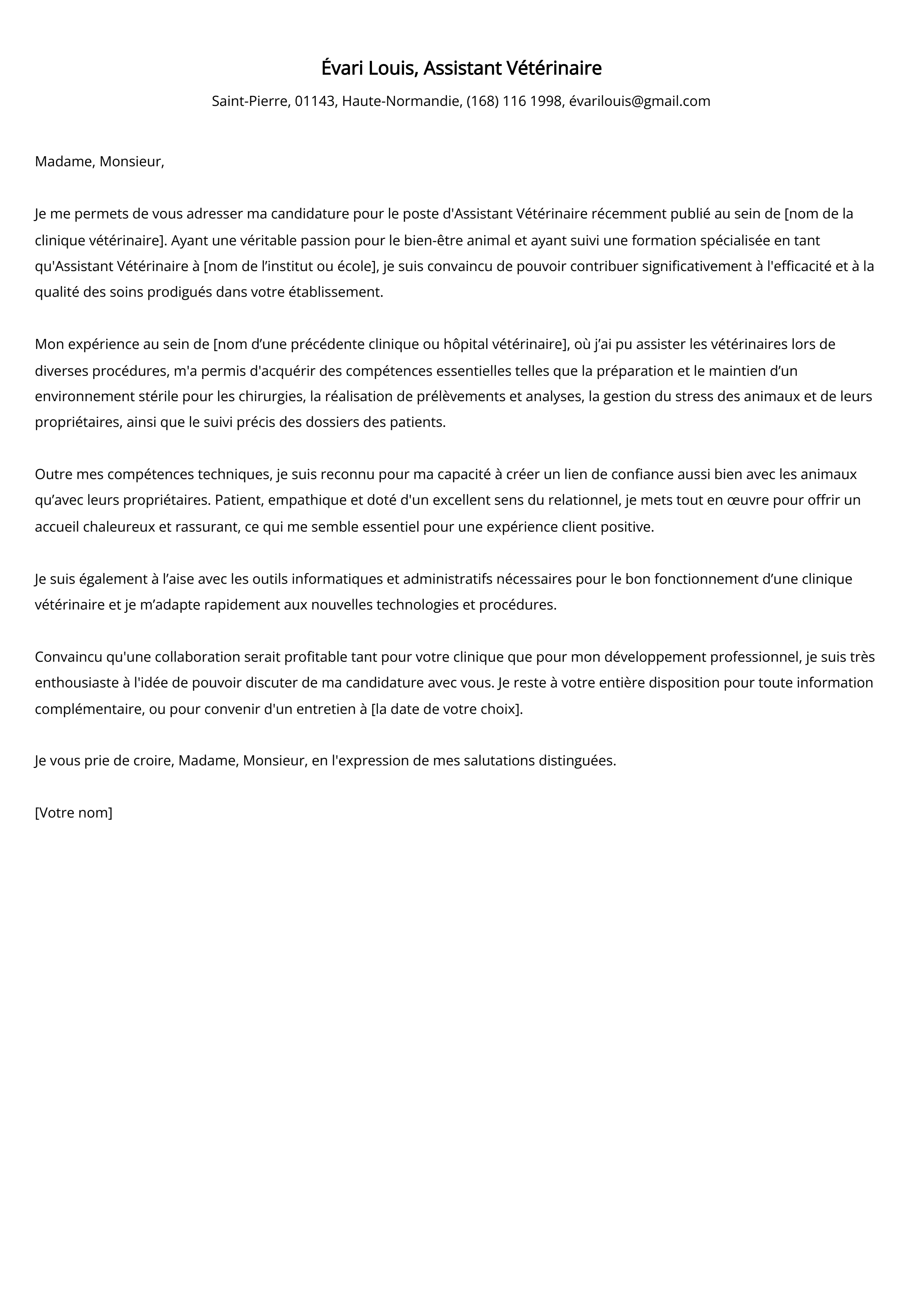 Exemple de lettre de motivation pour un assistant vétérinaire