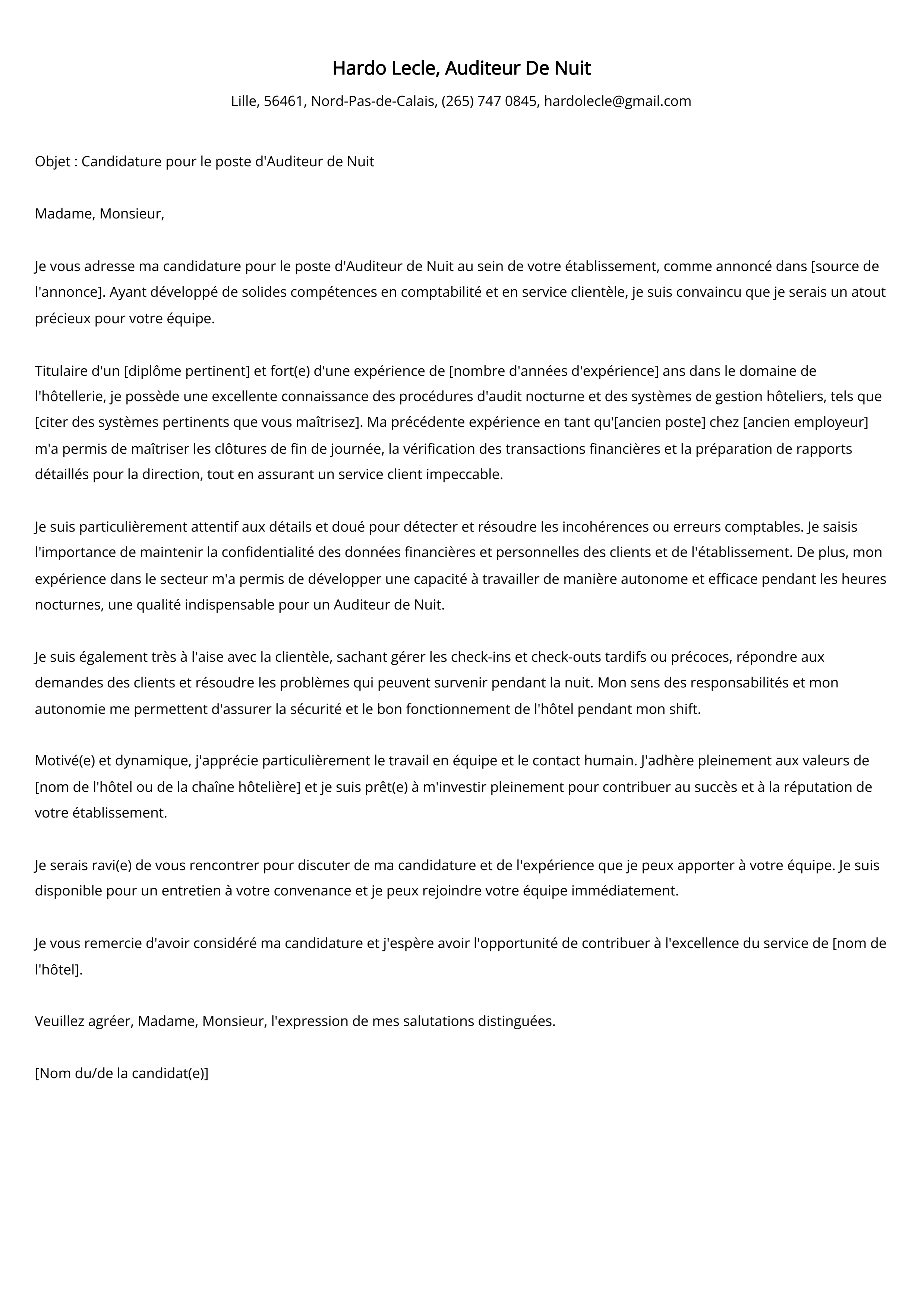 Auditeur De Nuit Cover Letter Example