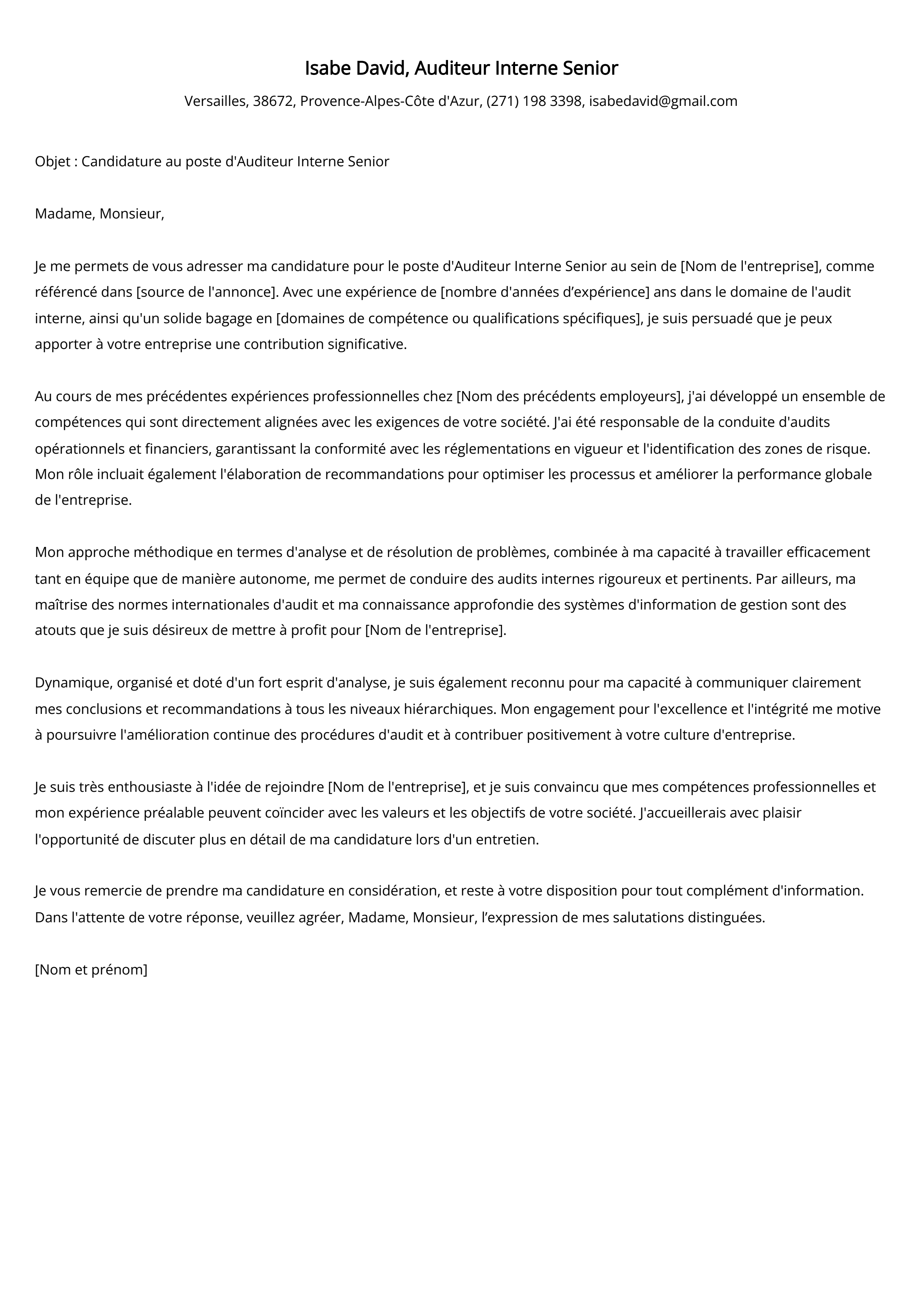 Auditeur Interne Senior Cover Letter Example