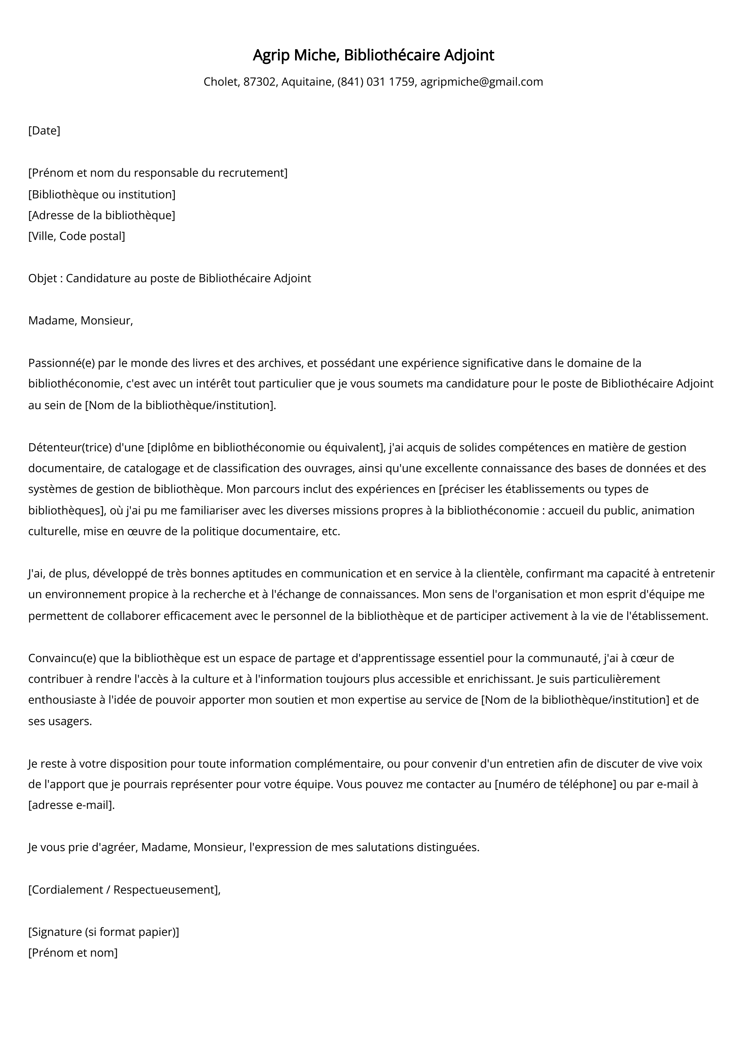 Lettre de motivation du Bibliothécaire Adjoint