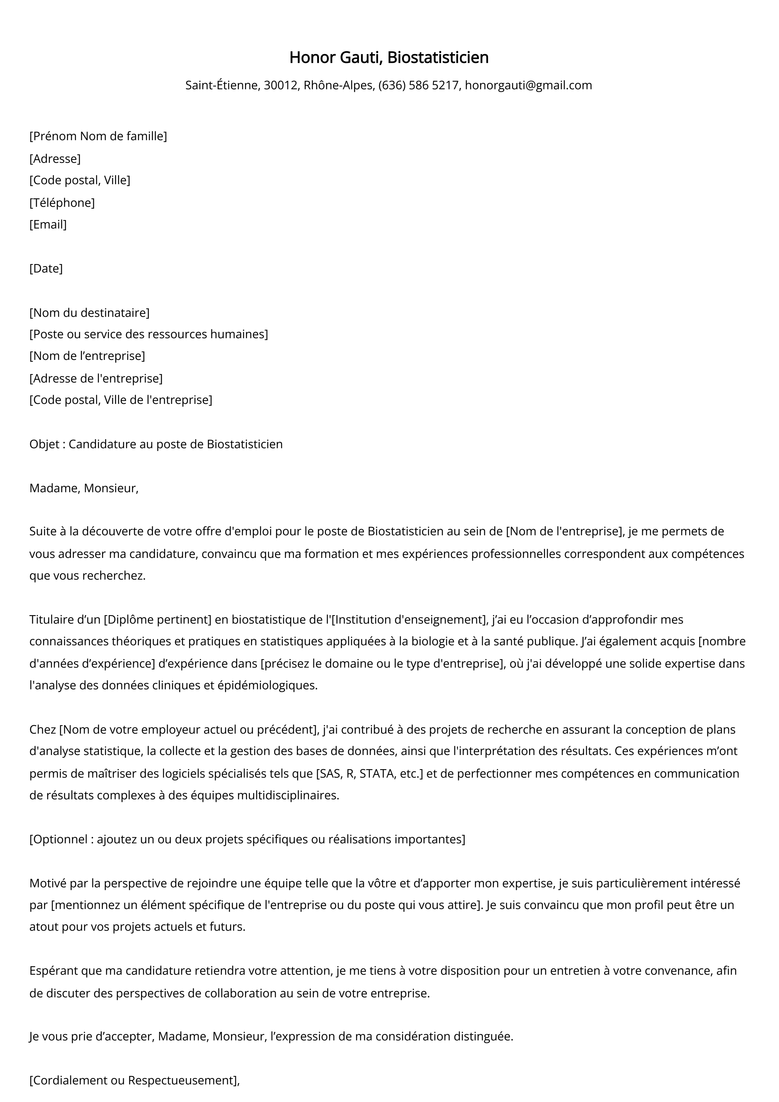 Exemple de lettre de motivation pour un biostatisticien