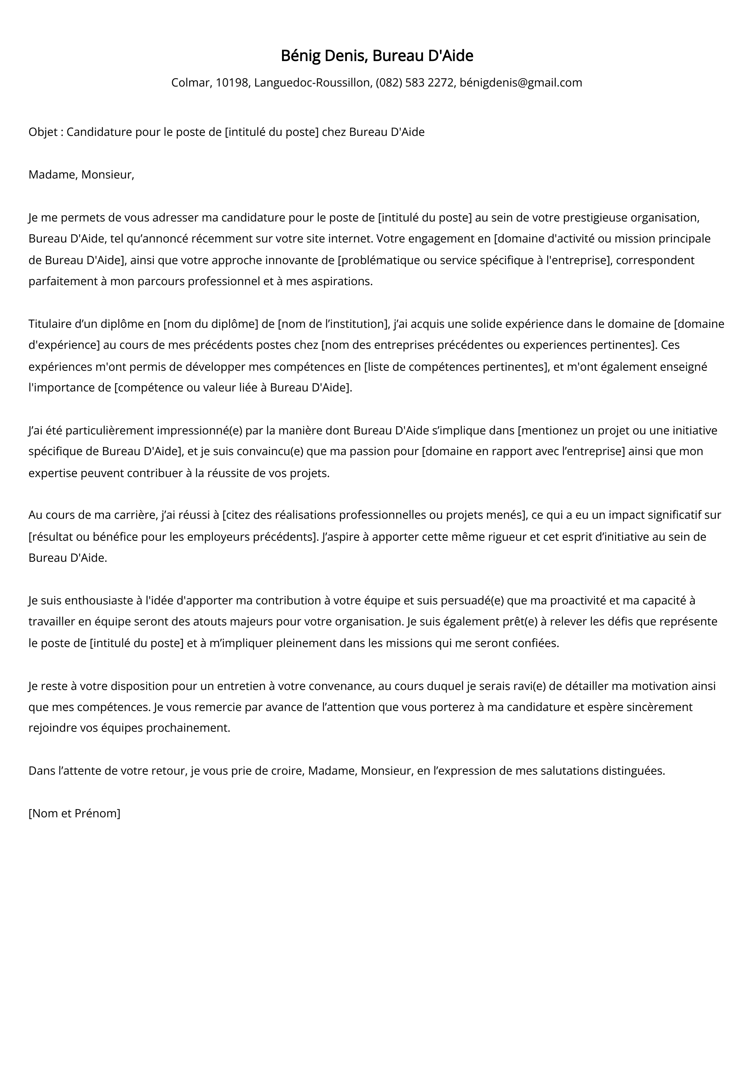 Exemple de lettre de motivation pour le Bureau d'Aide