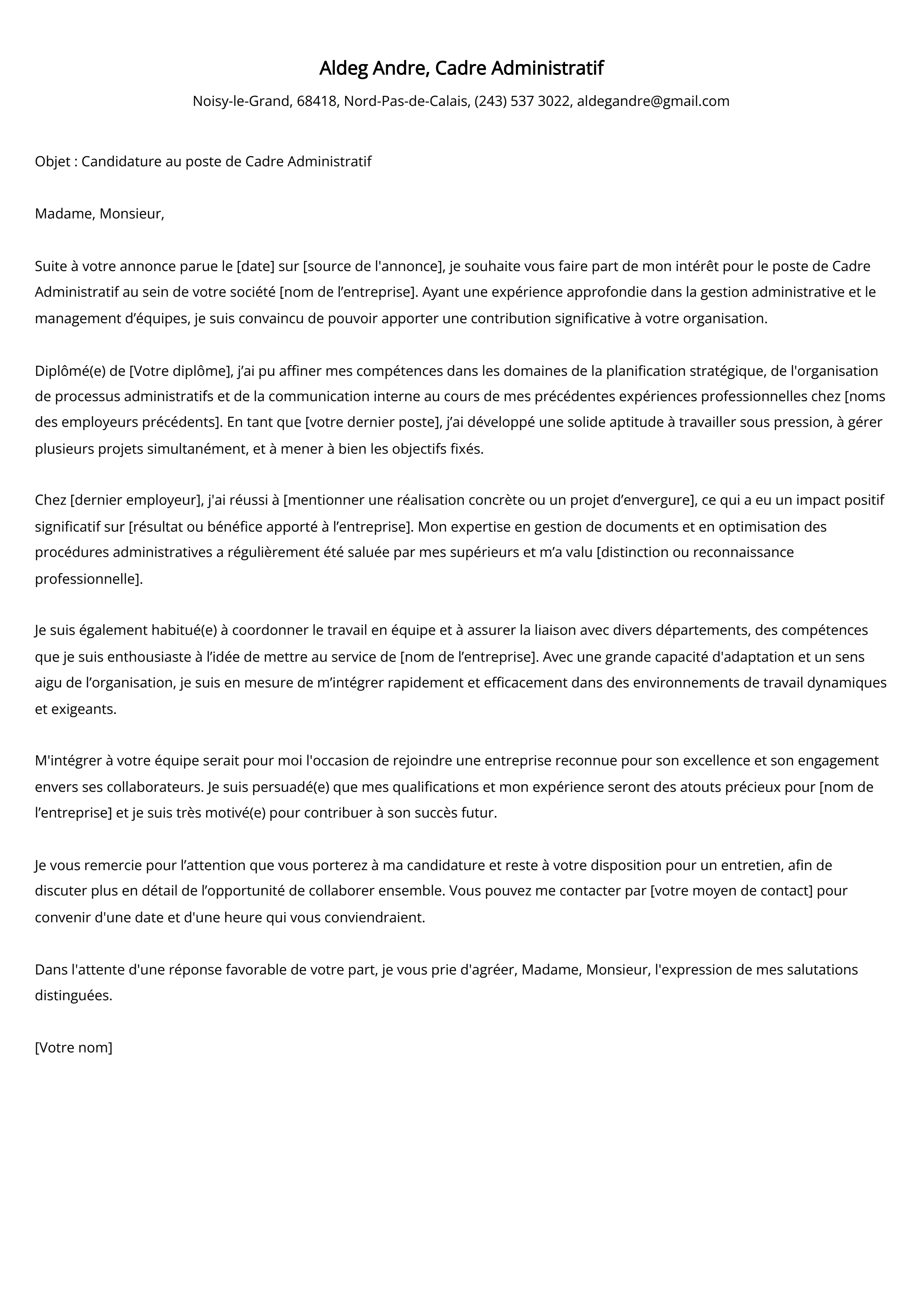 Exemple de lettre de motivation pour un cadre administratif