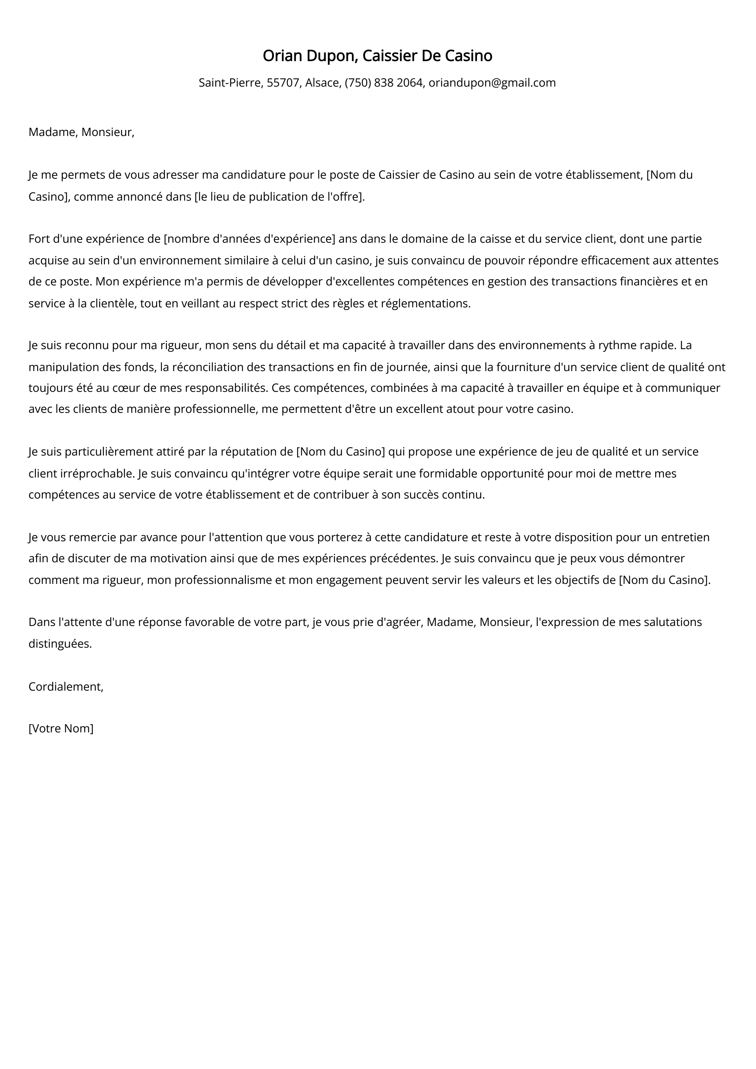 Exemple de lettre de motivation pour un caissier de casino