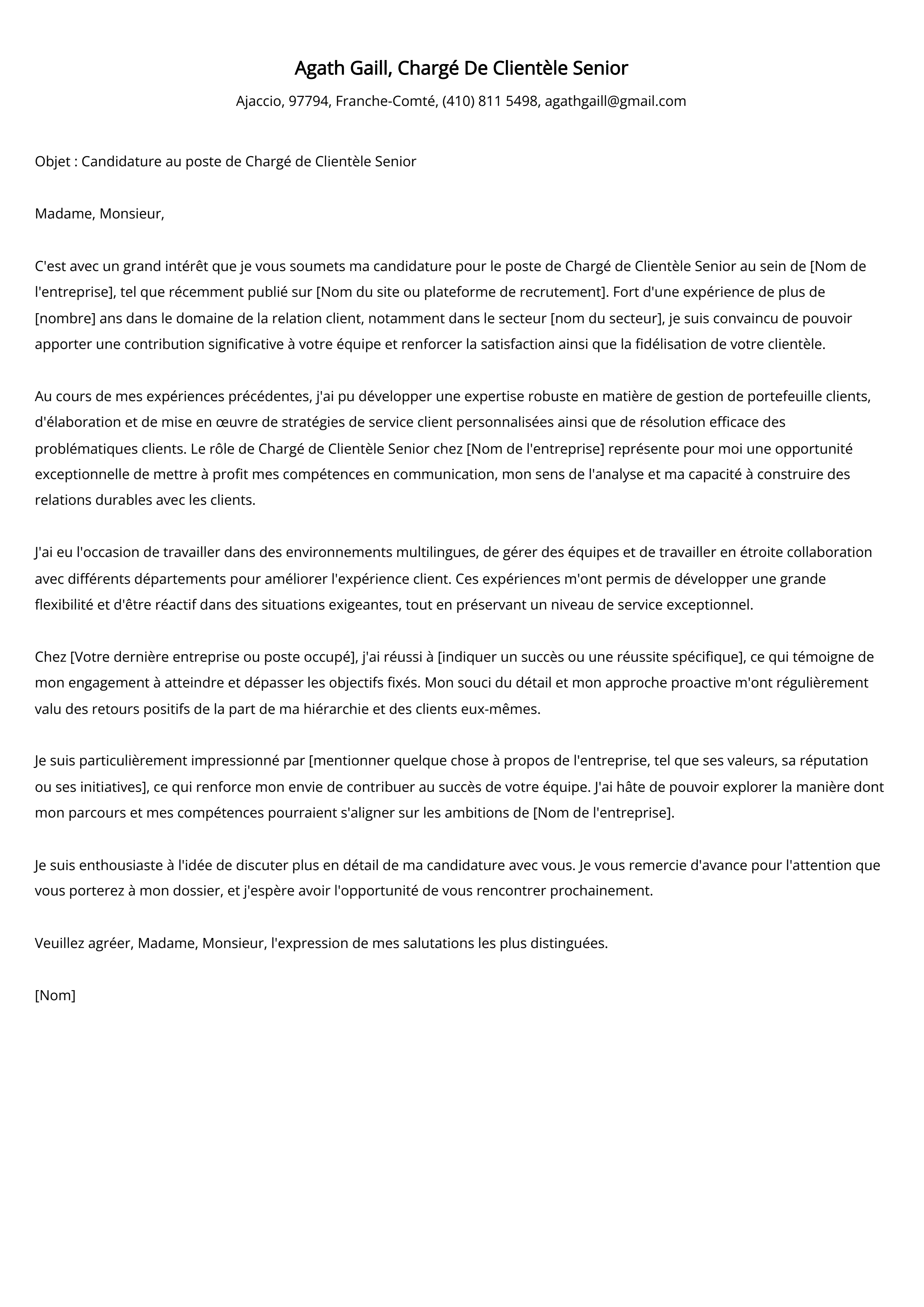 Lettre de motivation du Chargé de clientèle senior Exemple de lettre de motivation