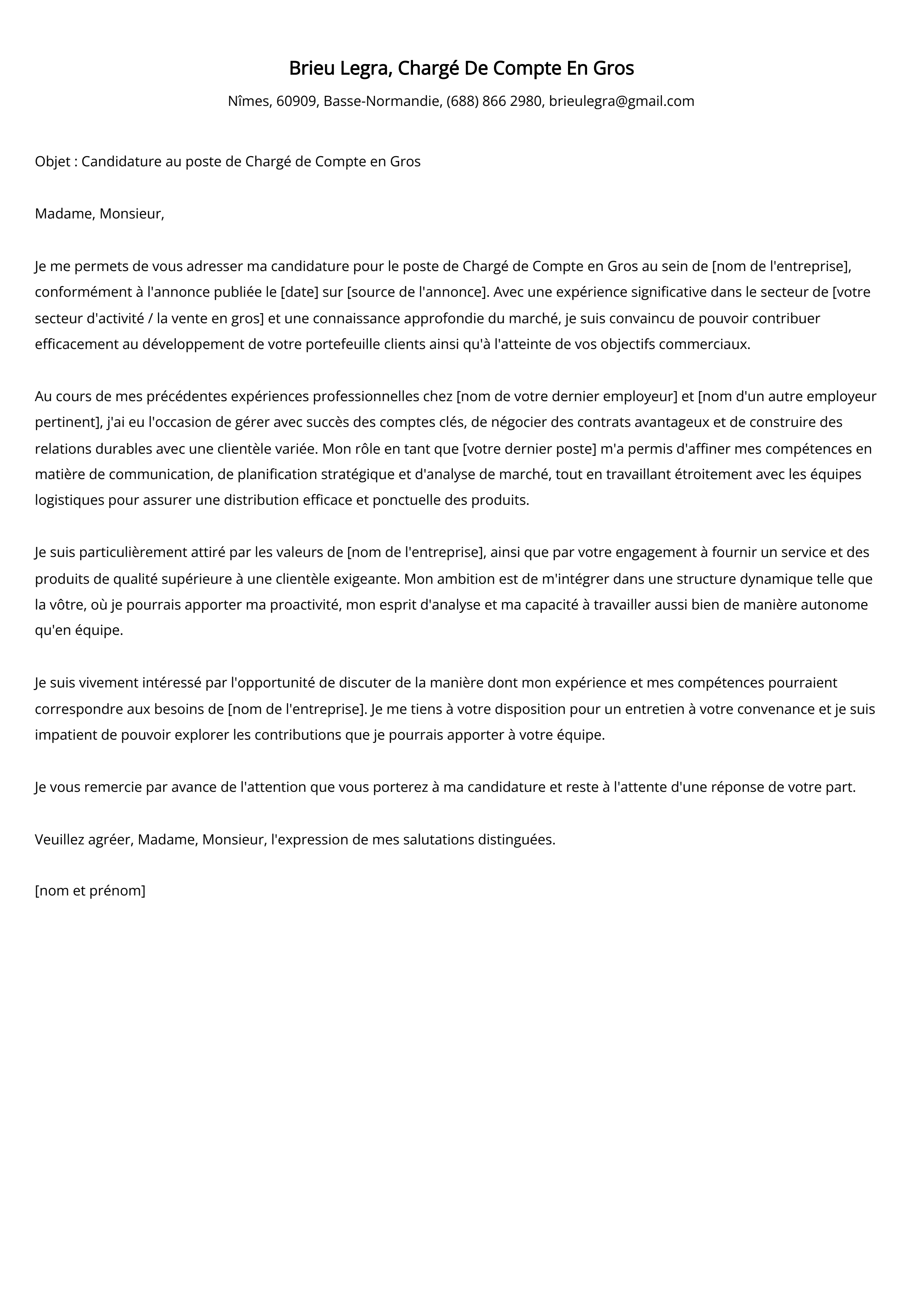 Chargé De Compte En Gros Cover Letter Example