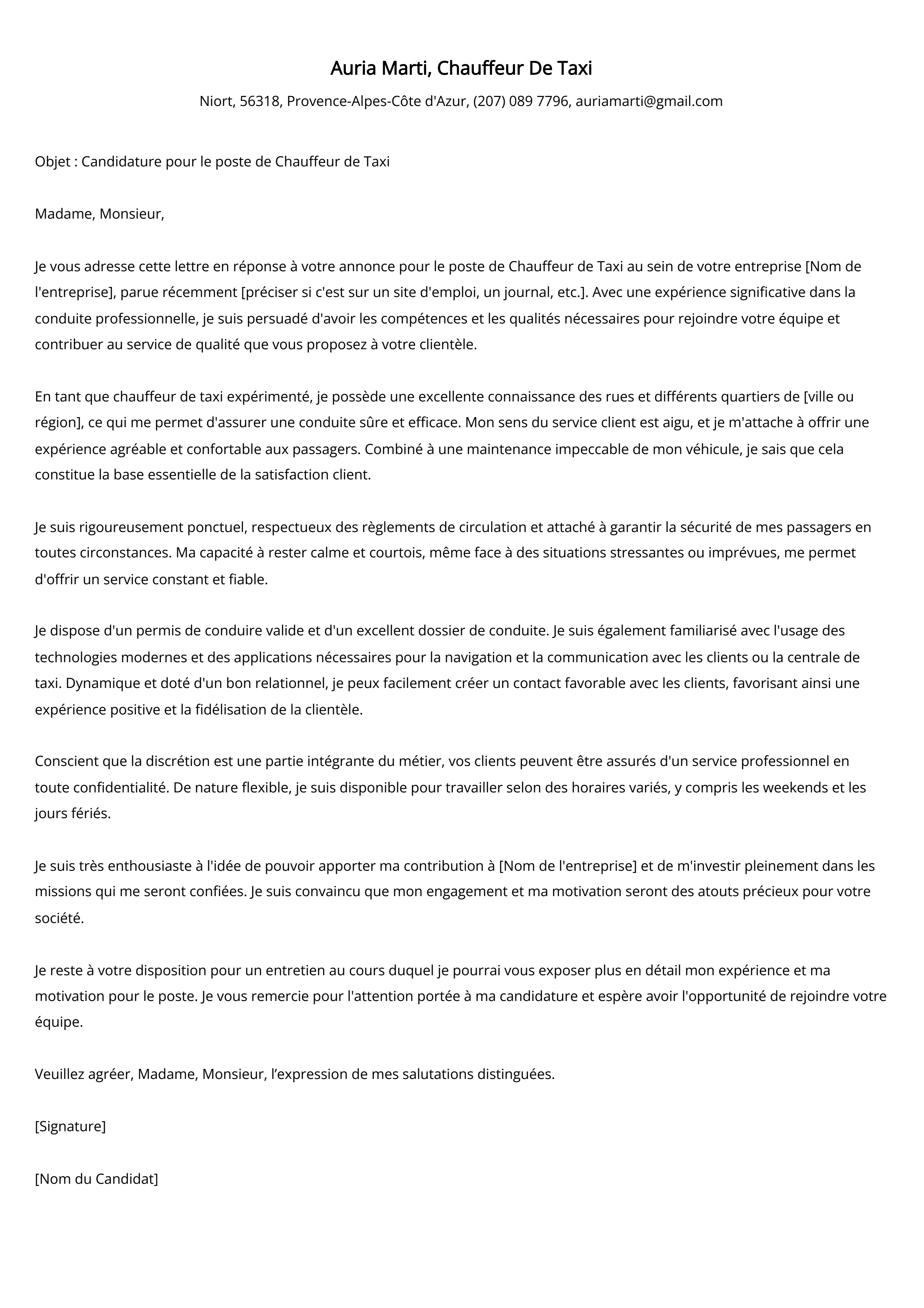 Exemple de lettre de motivation pour un chauffeur de taxi