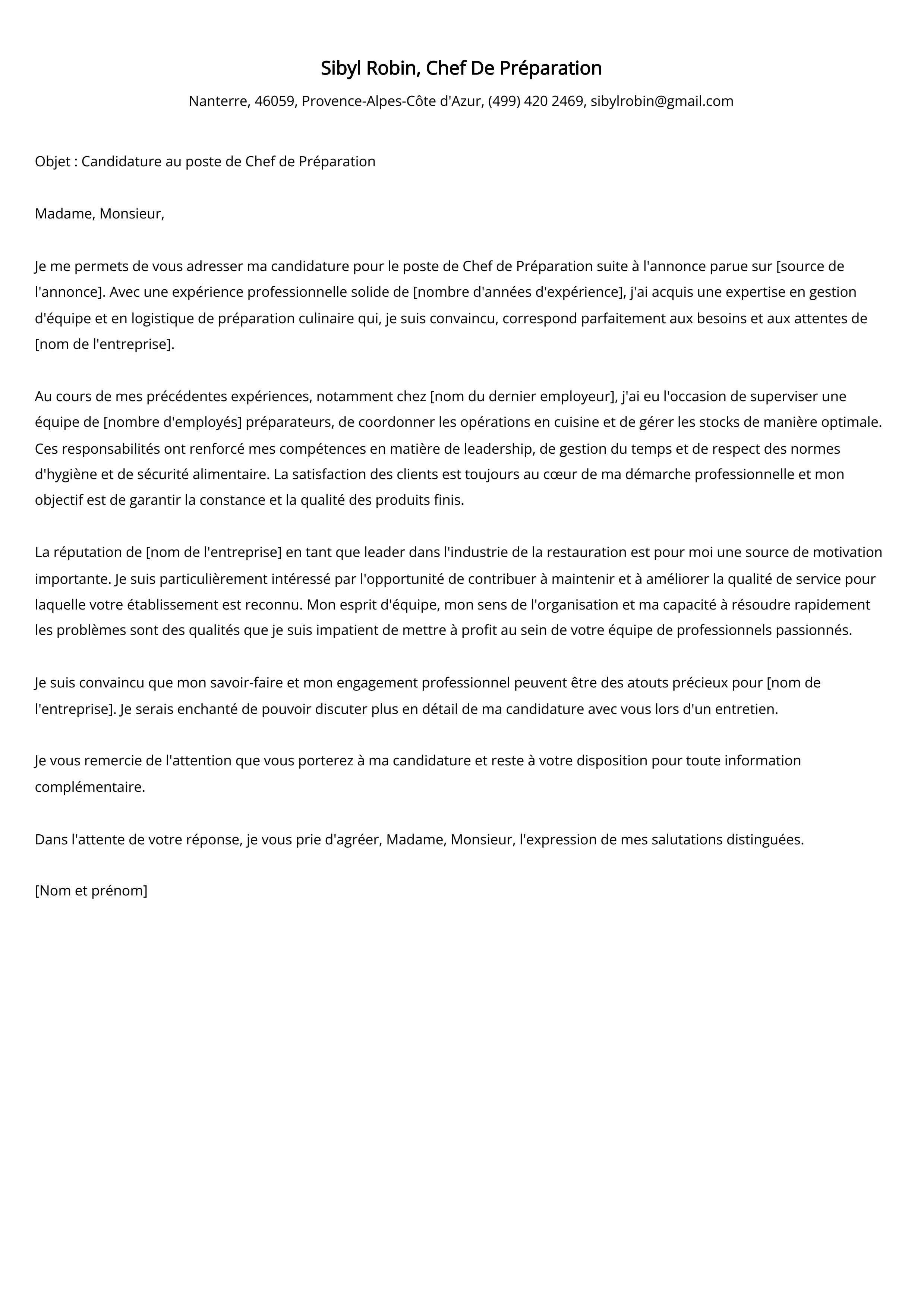 Exemple de lettre de motivation du chef de préparation