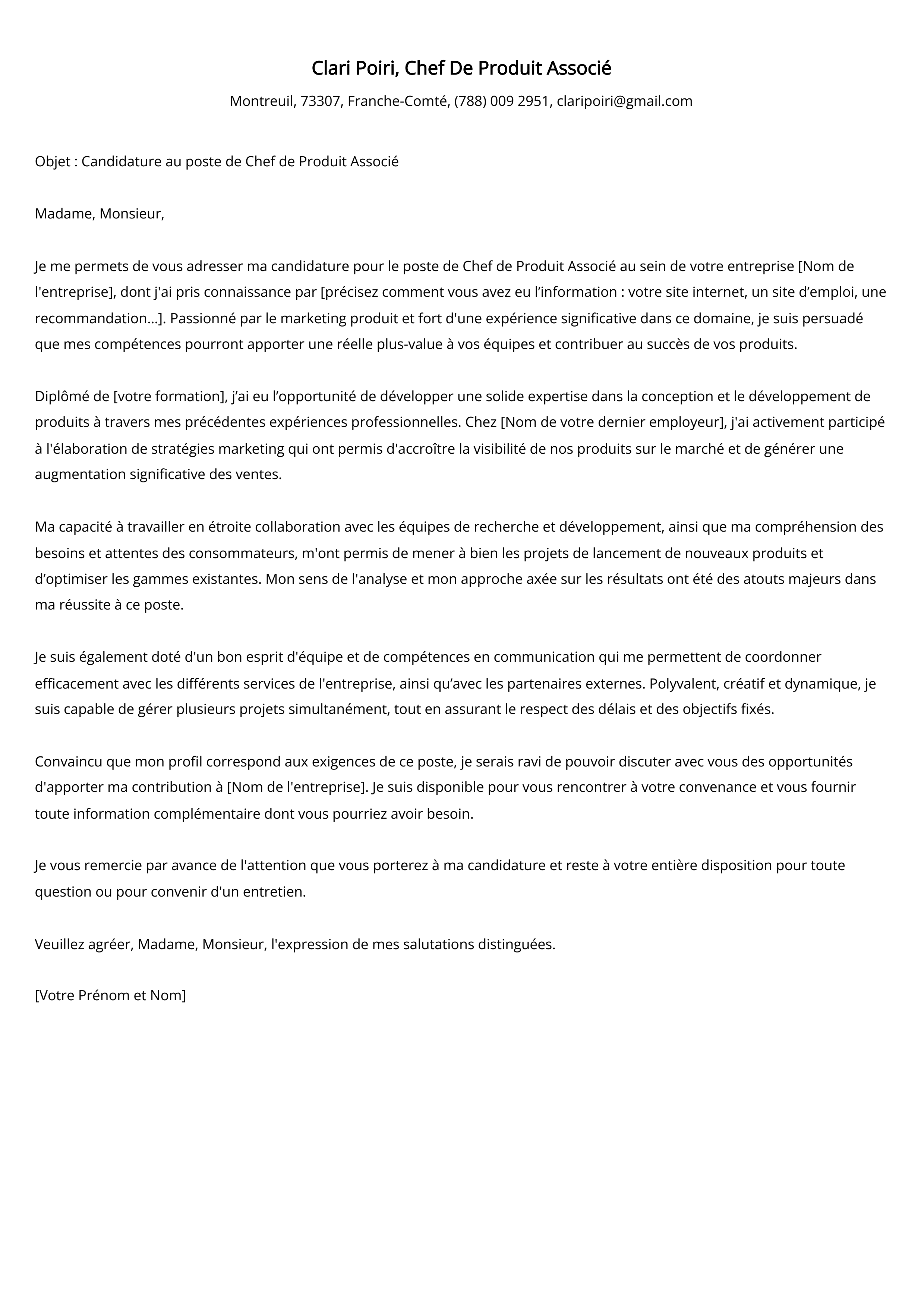 Chef De Produit Associé Cover Letter Example