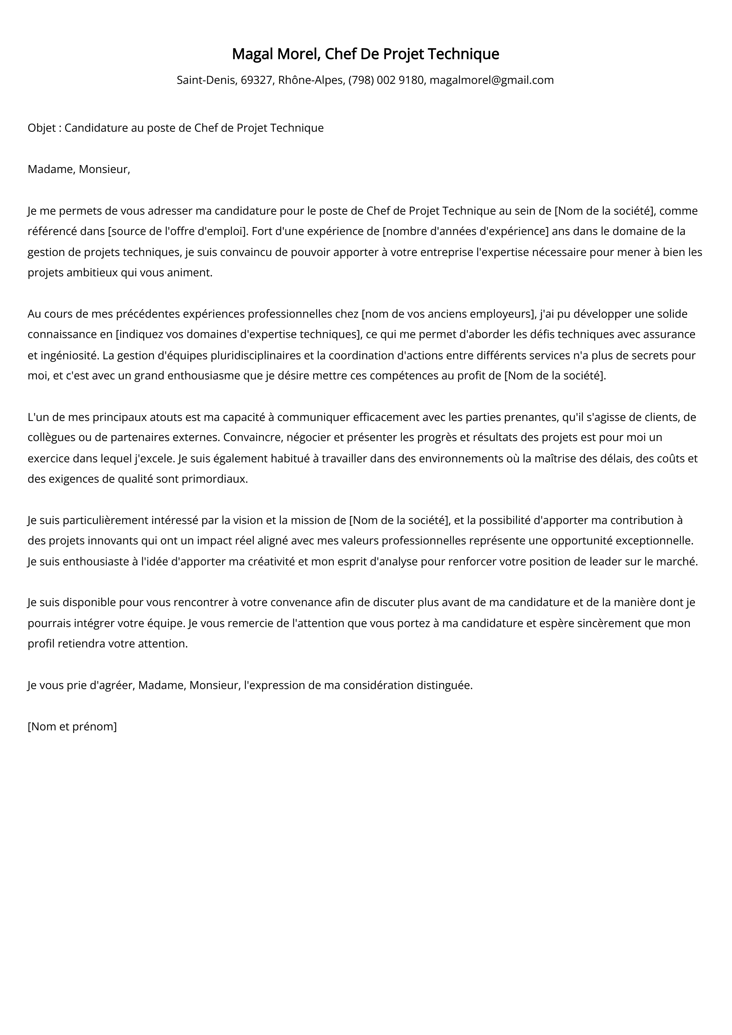 Exemple de lettre de motivation du chef de projet technique