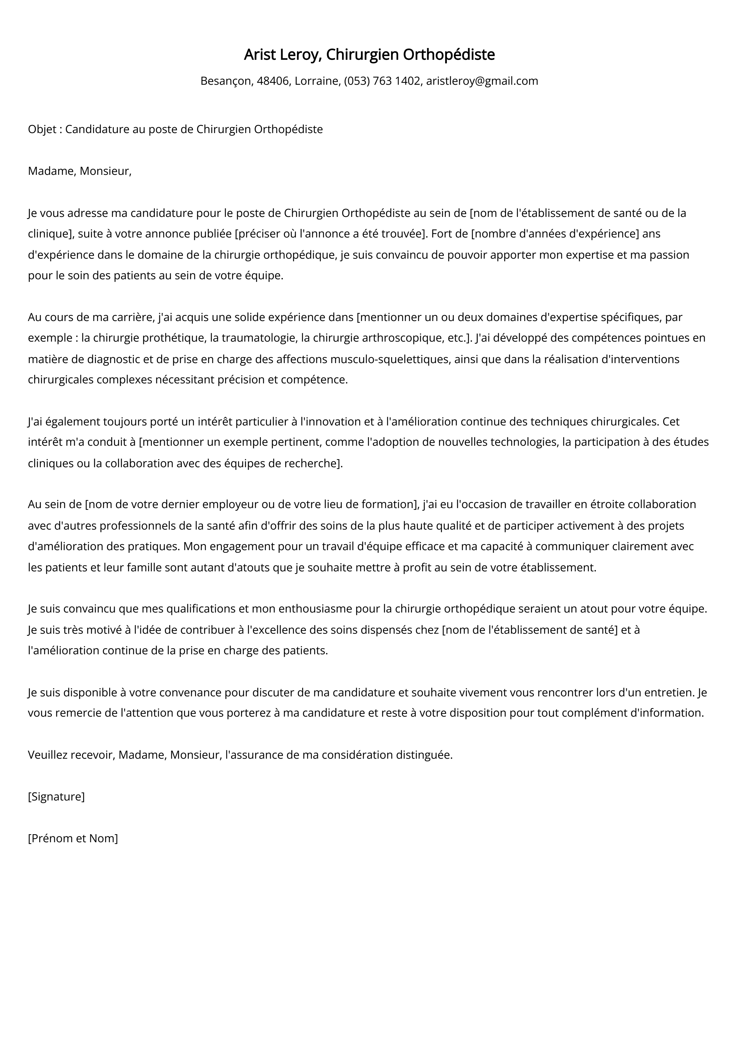 Chirurgien Orthopédiste Exemple de lettre de motivation