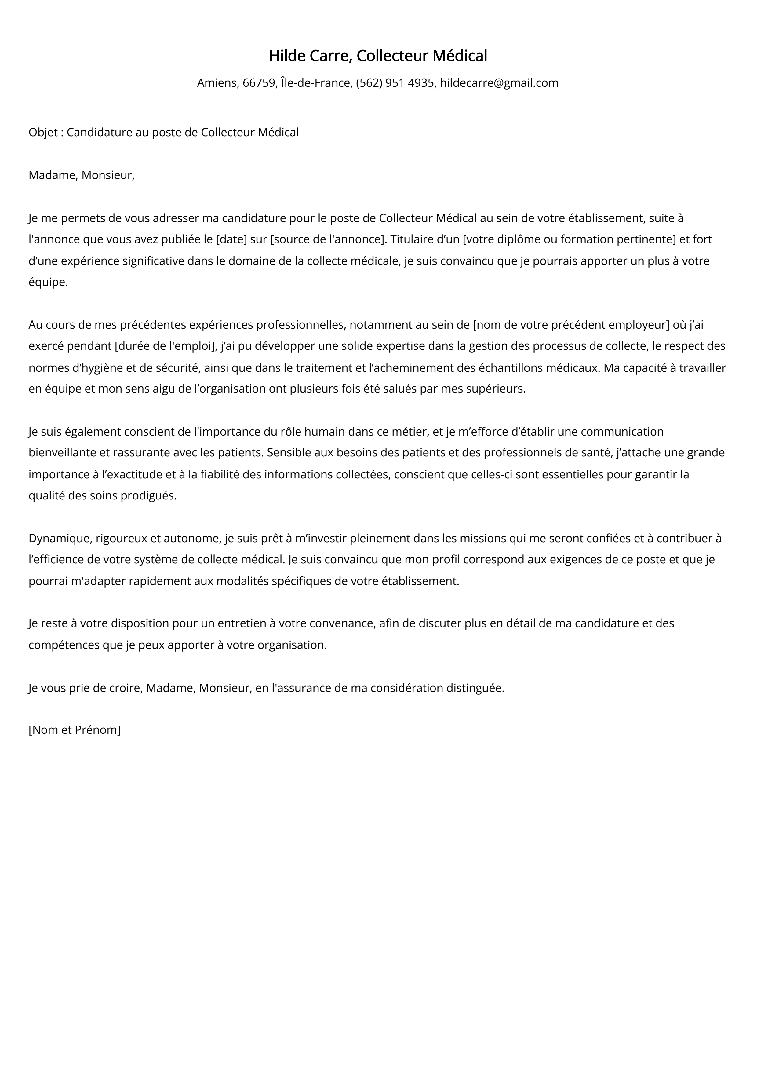 Exemple de lettre de motivation pour un collecteur médical