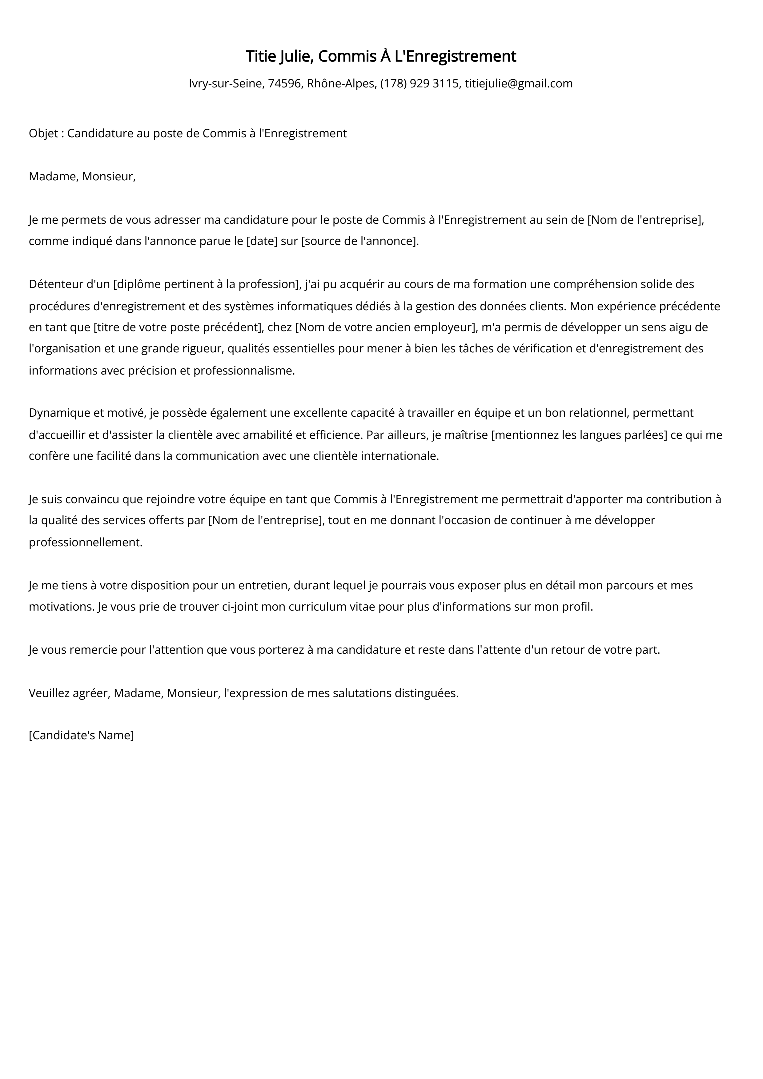 Commis À L'Enregistrement Exemple de lettre de motivation