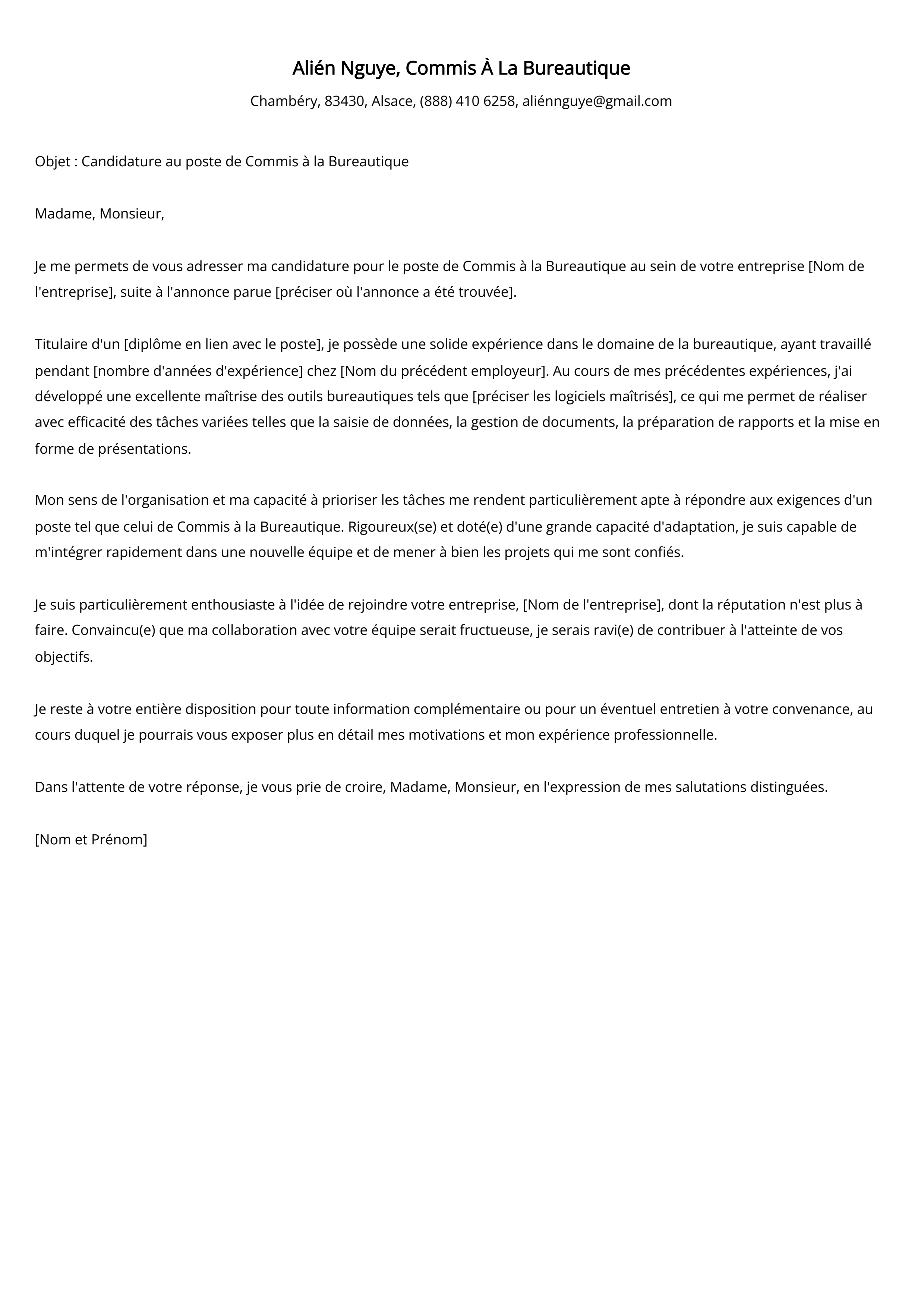 Lettre de motivation du Commis À La Bureautique