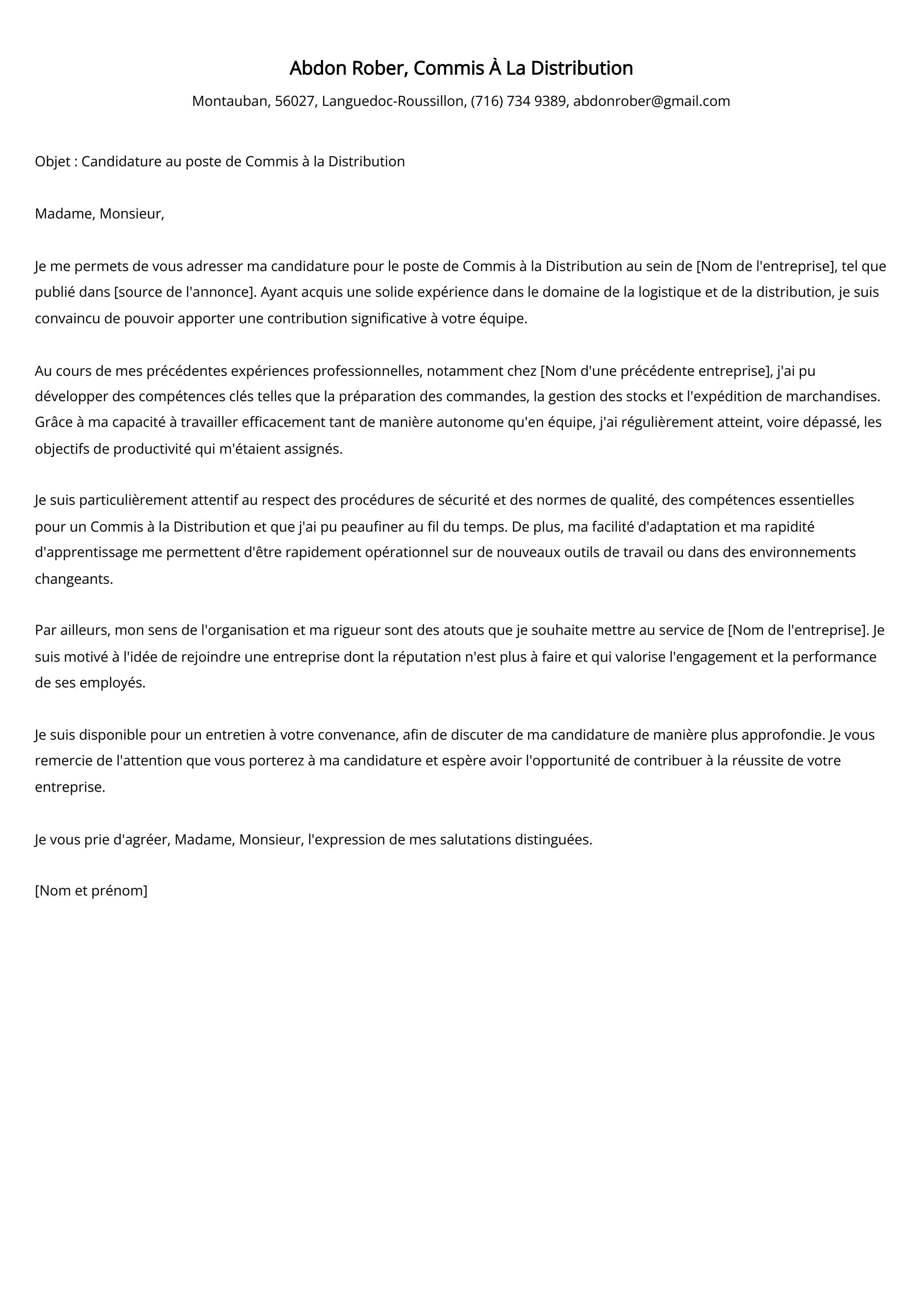 Exemple de lettre de motivation pour un Commis À La Distribution