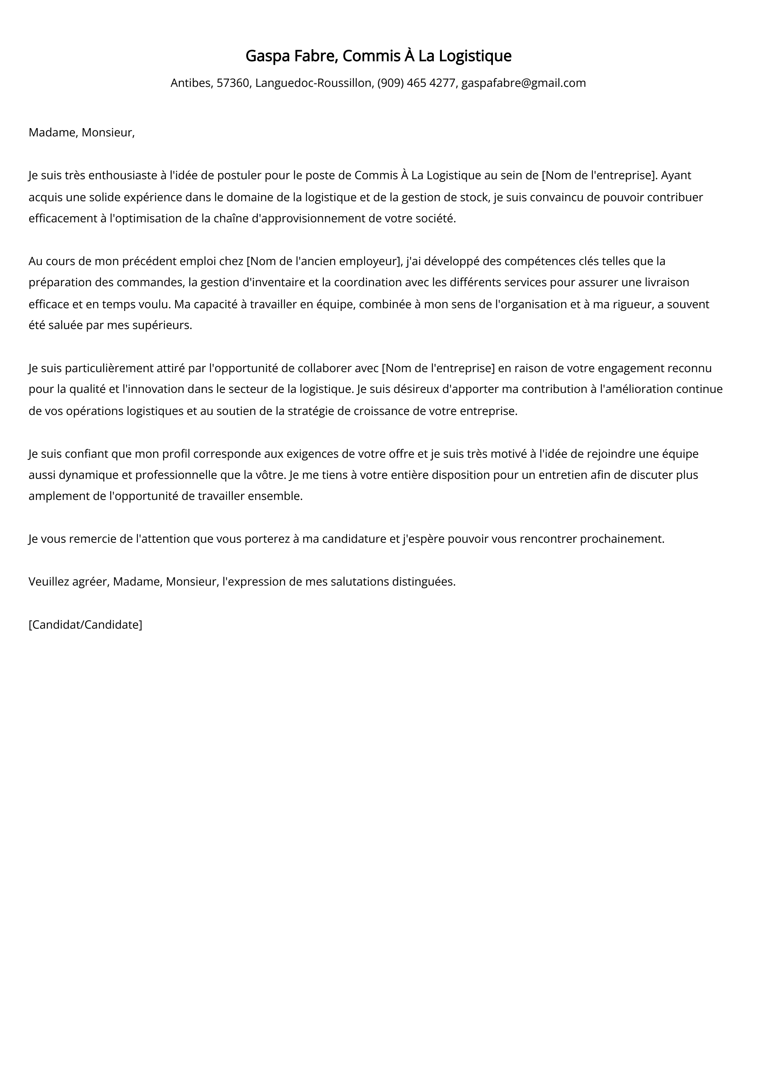 Lettre de motivation du Commis À La Logistique