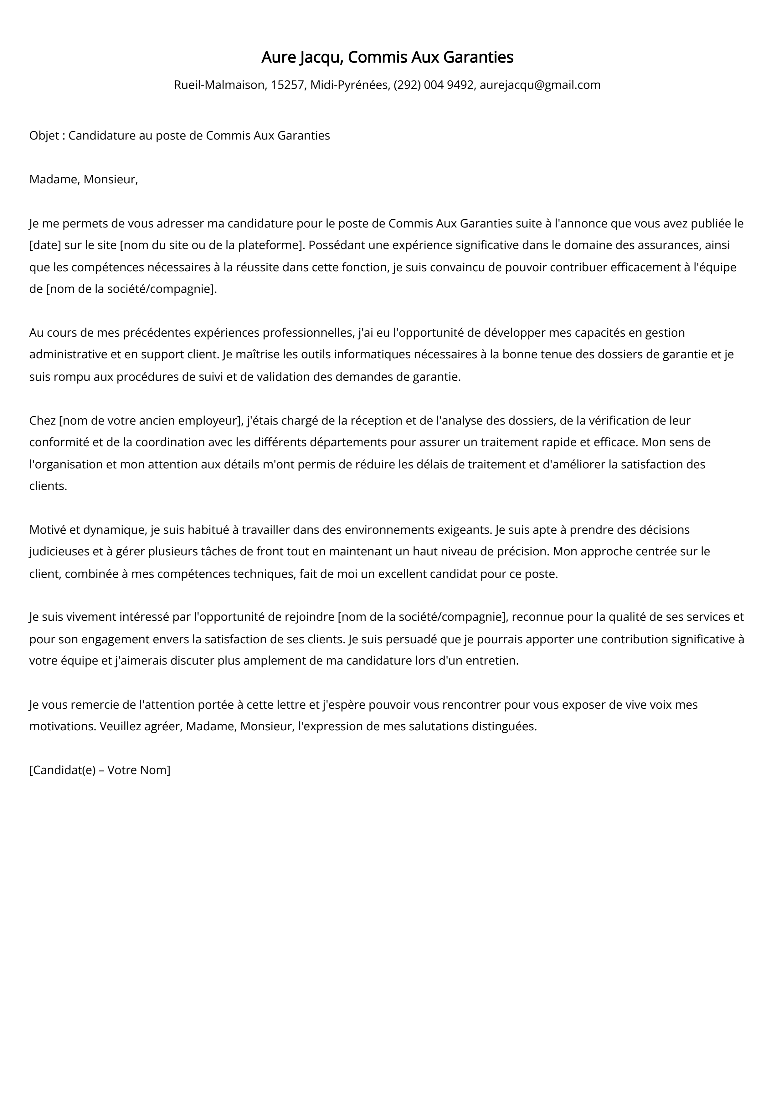 Exemple de lettre de couverture pour le Commis Aux Garanties