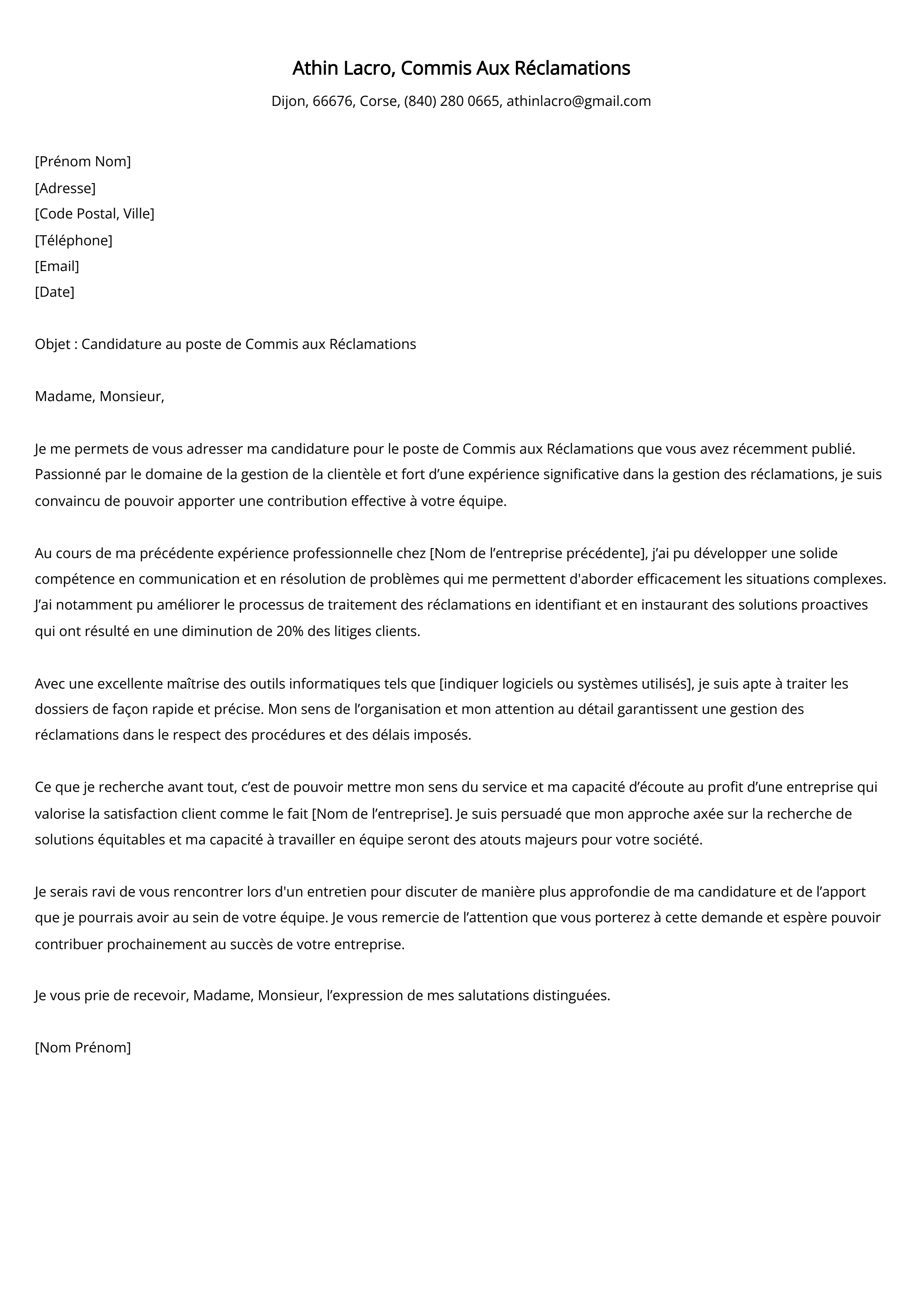 Exemple de lettre de motivation pour un Commis Aux Réclamations