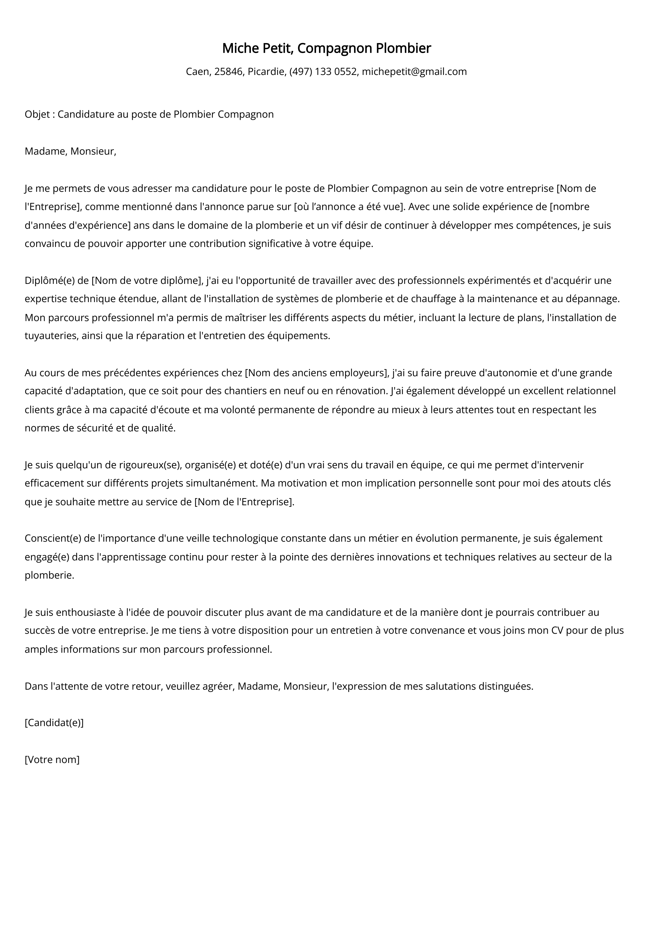 Exemple de lettre de motivation pour un Compagnon Plombier