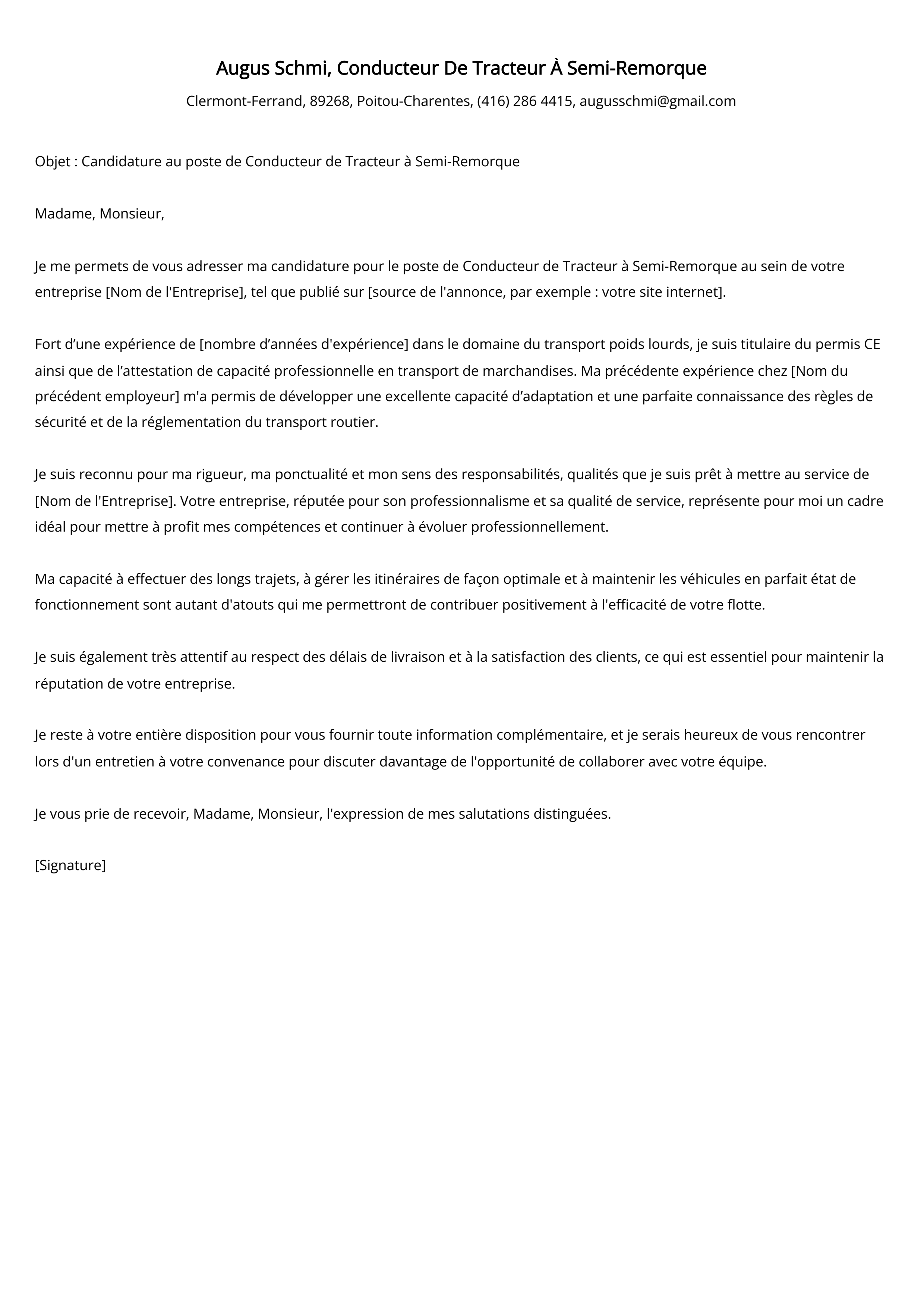 Conducteur De Tracteur À Semi-Remorque Exemple de lettre de motivation