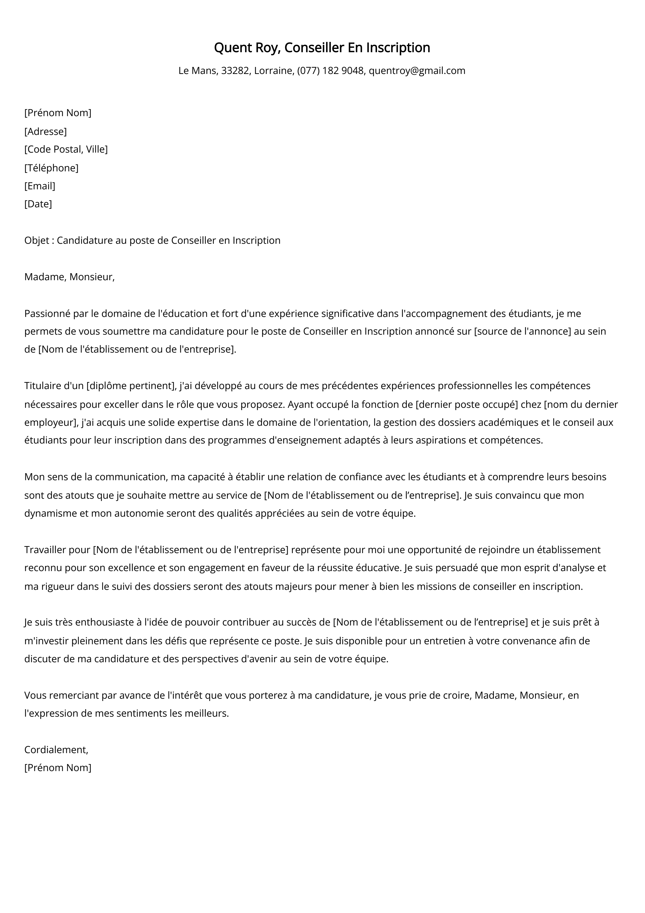 Conseiller En Inscription Cover Letter Example