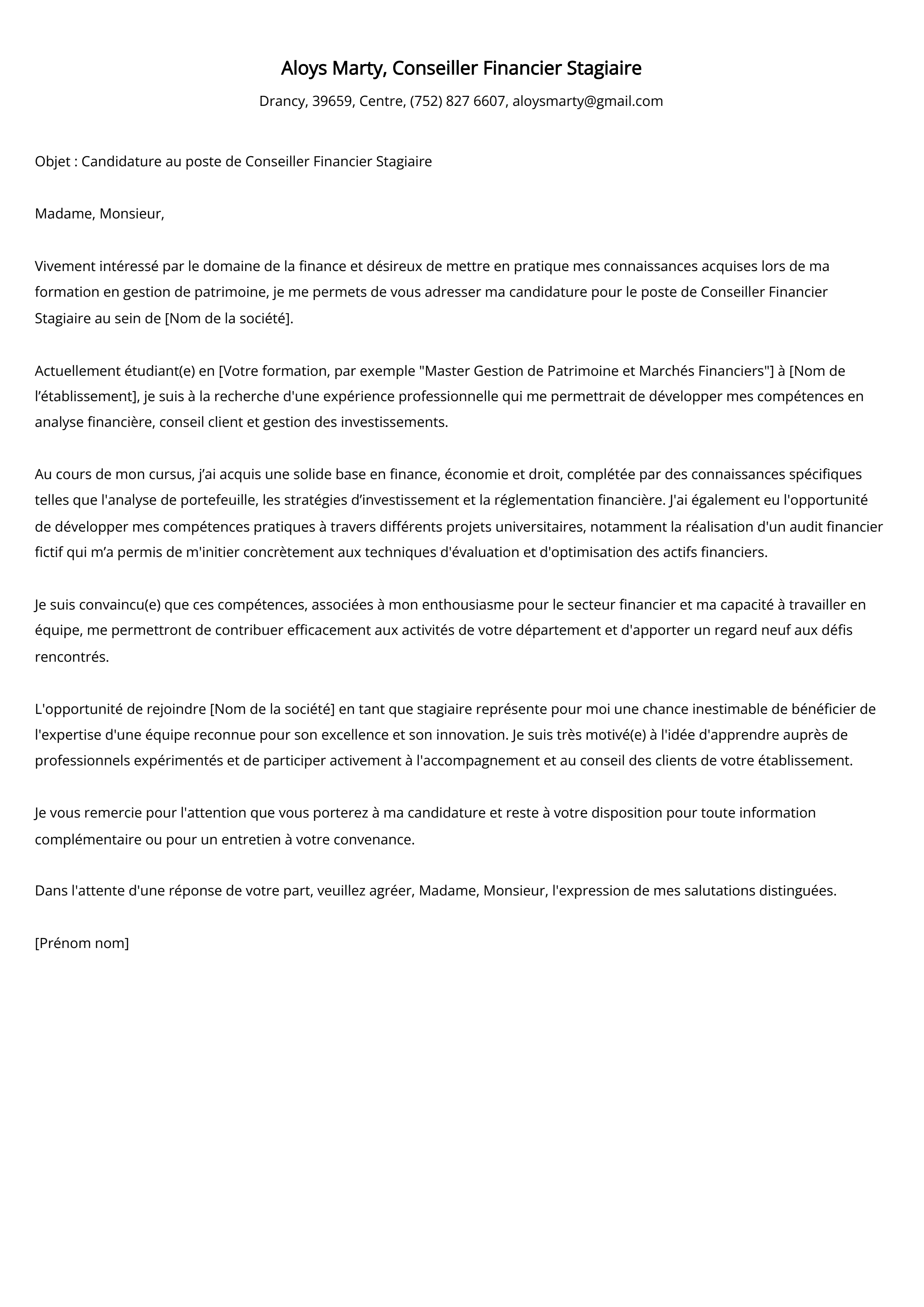 Conseiller Financier Stagiaire Cover Letter Example