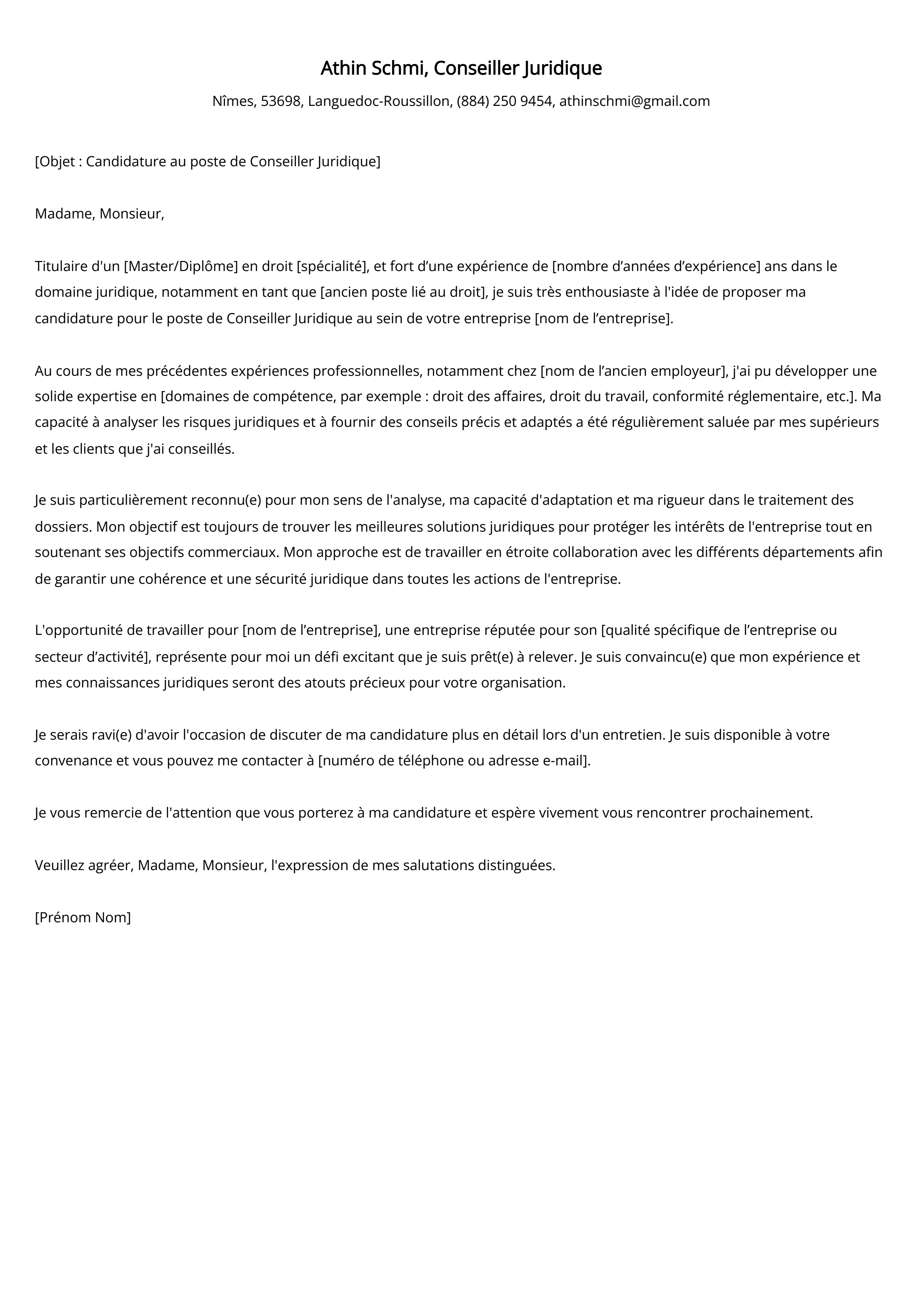 Conseiller Juridique Cover Letter Example