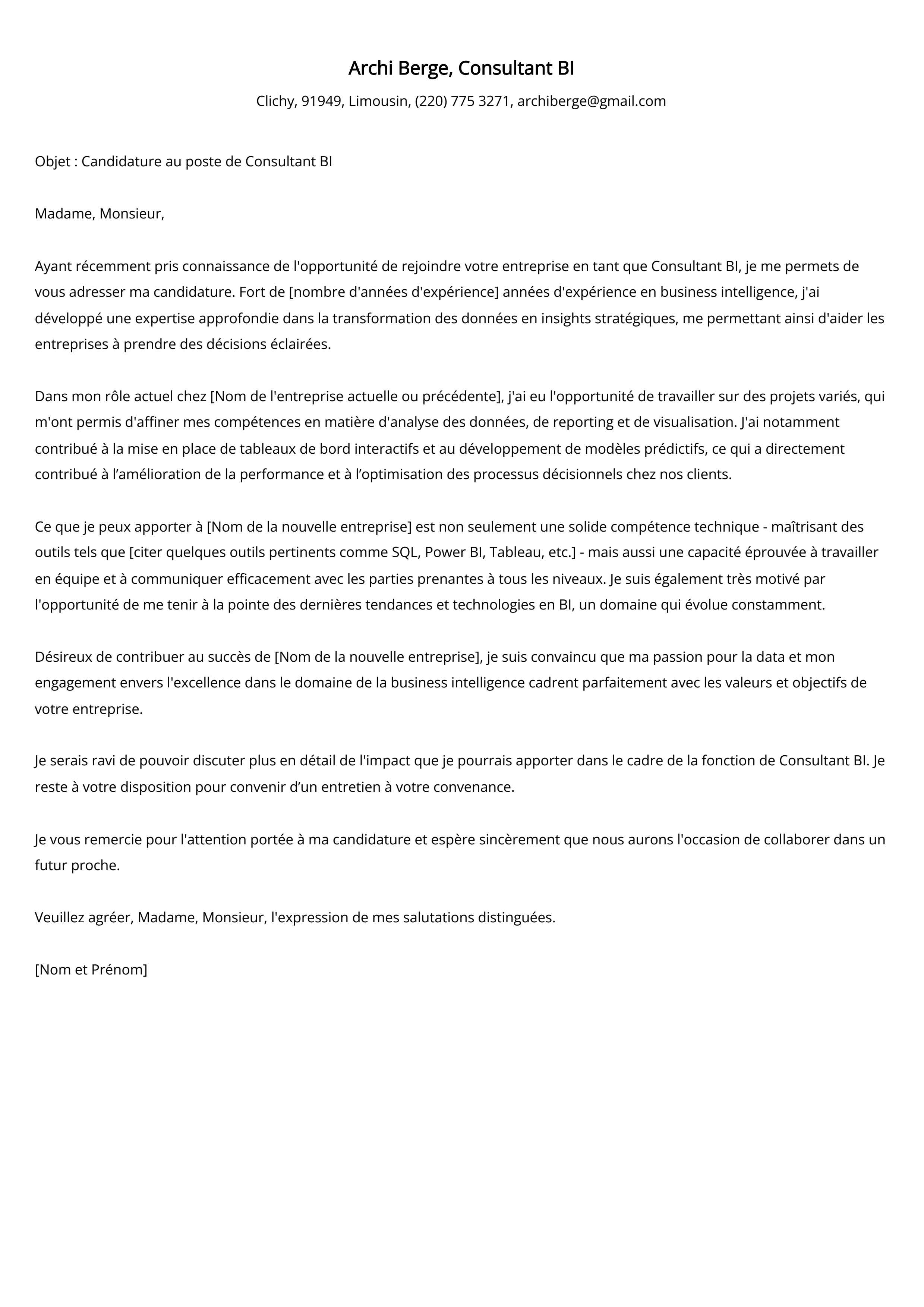 Exemple de lettre de couverture pour un consultant en BI