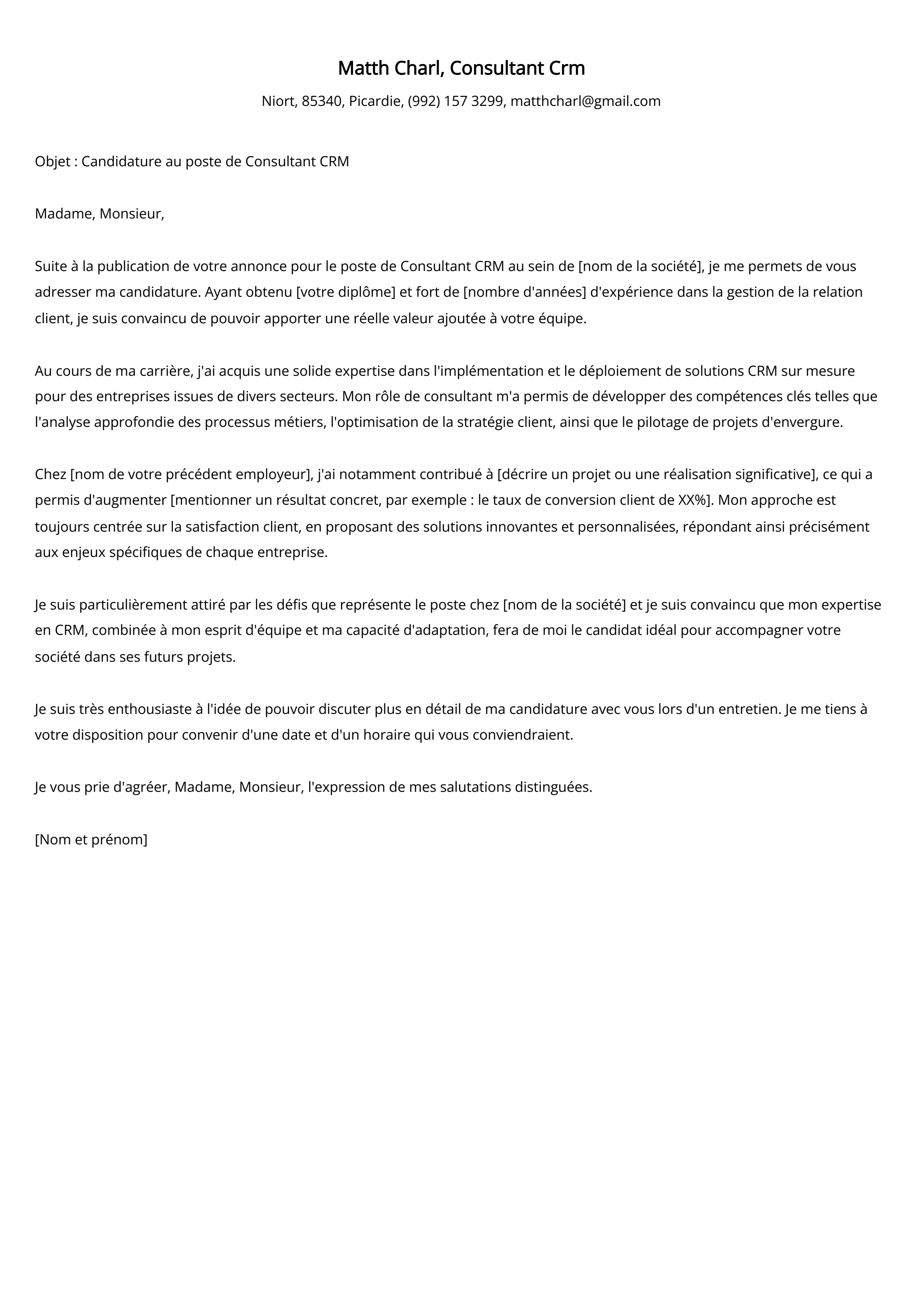 Exemple de lettre de couverture pour un consultant en gestion des ressources humaines