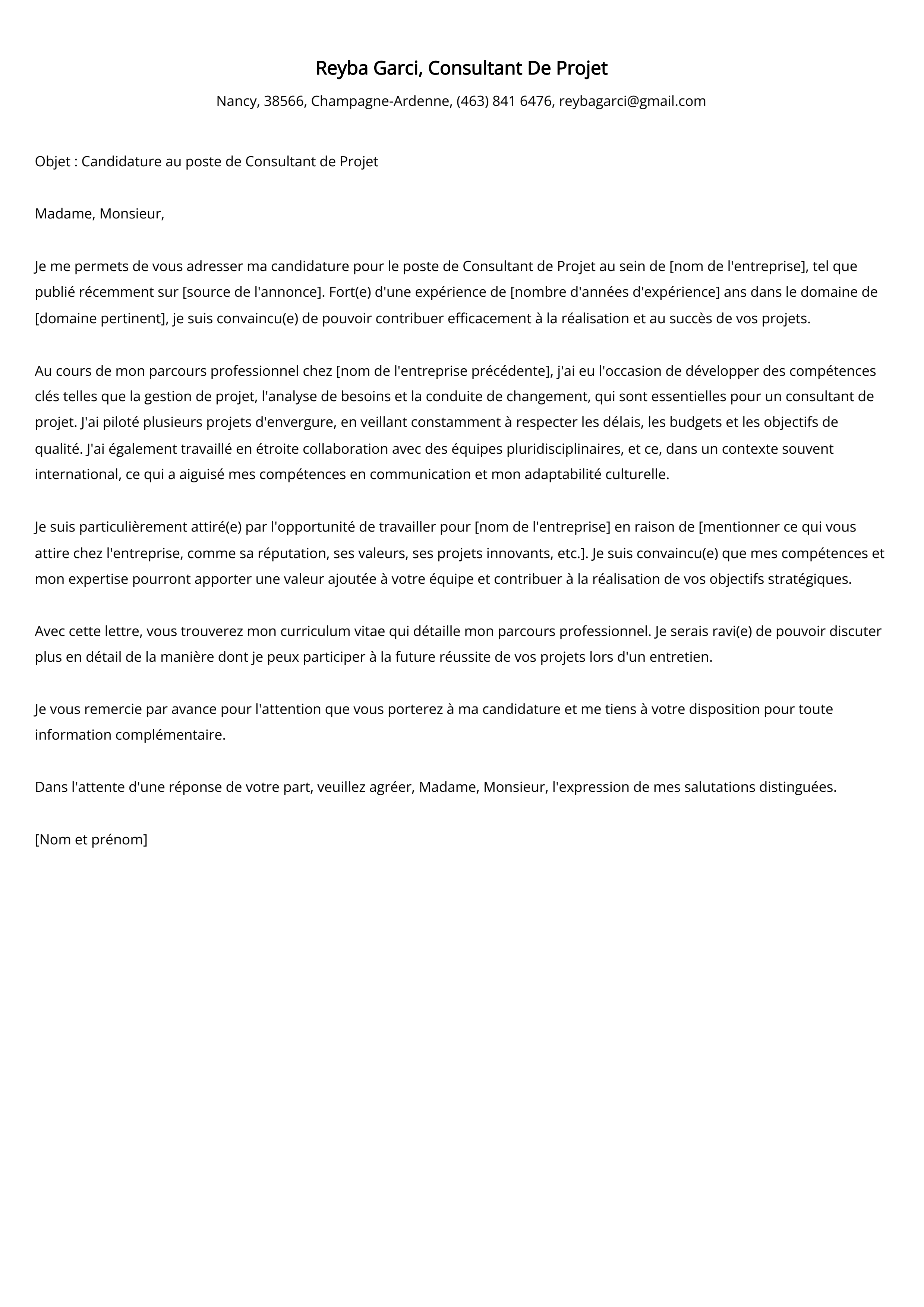 Exemple de lettre de motivation de consultant de projet