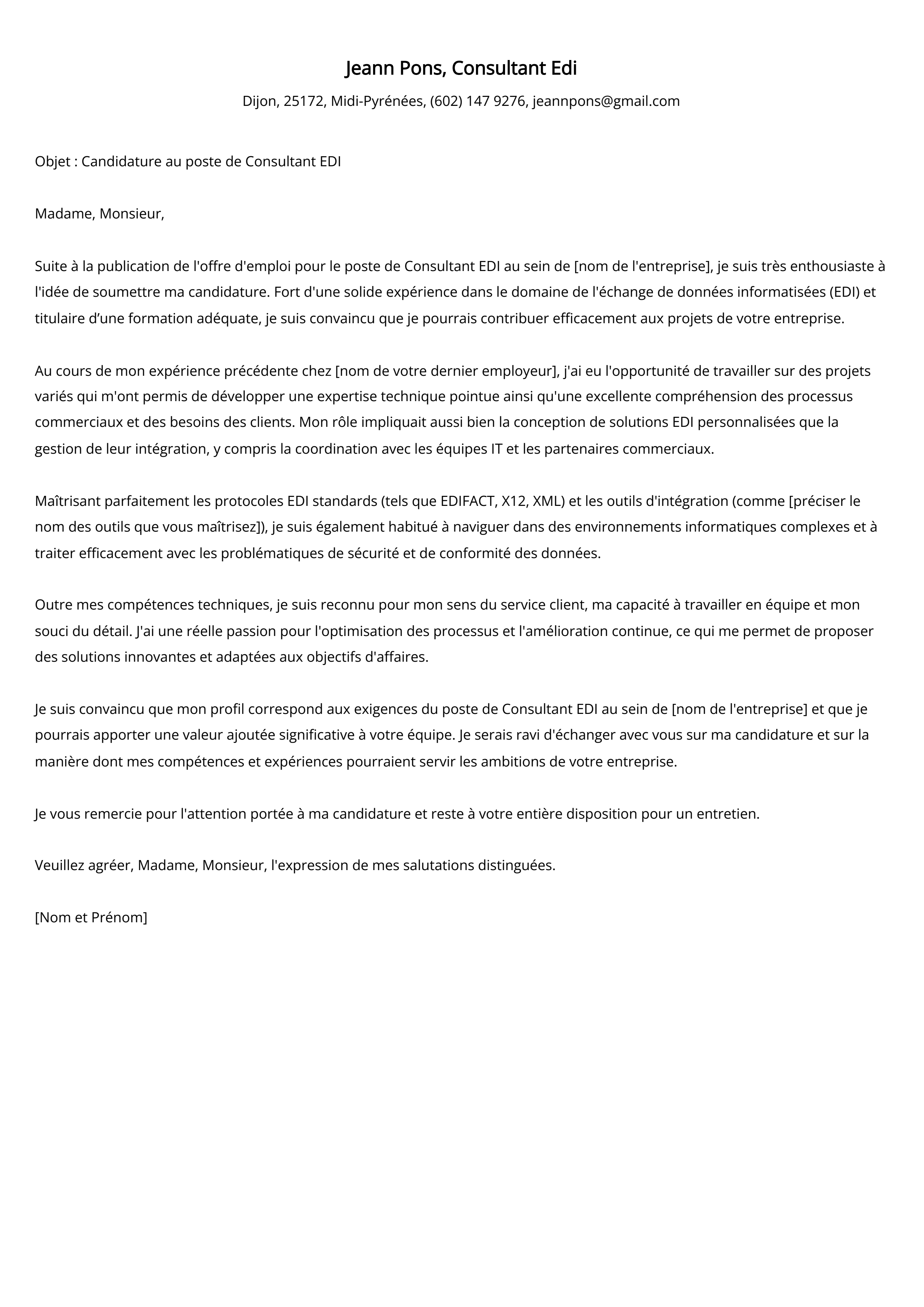 Exemple de lettre de couverture pour un consultant Edi