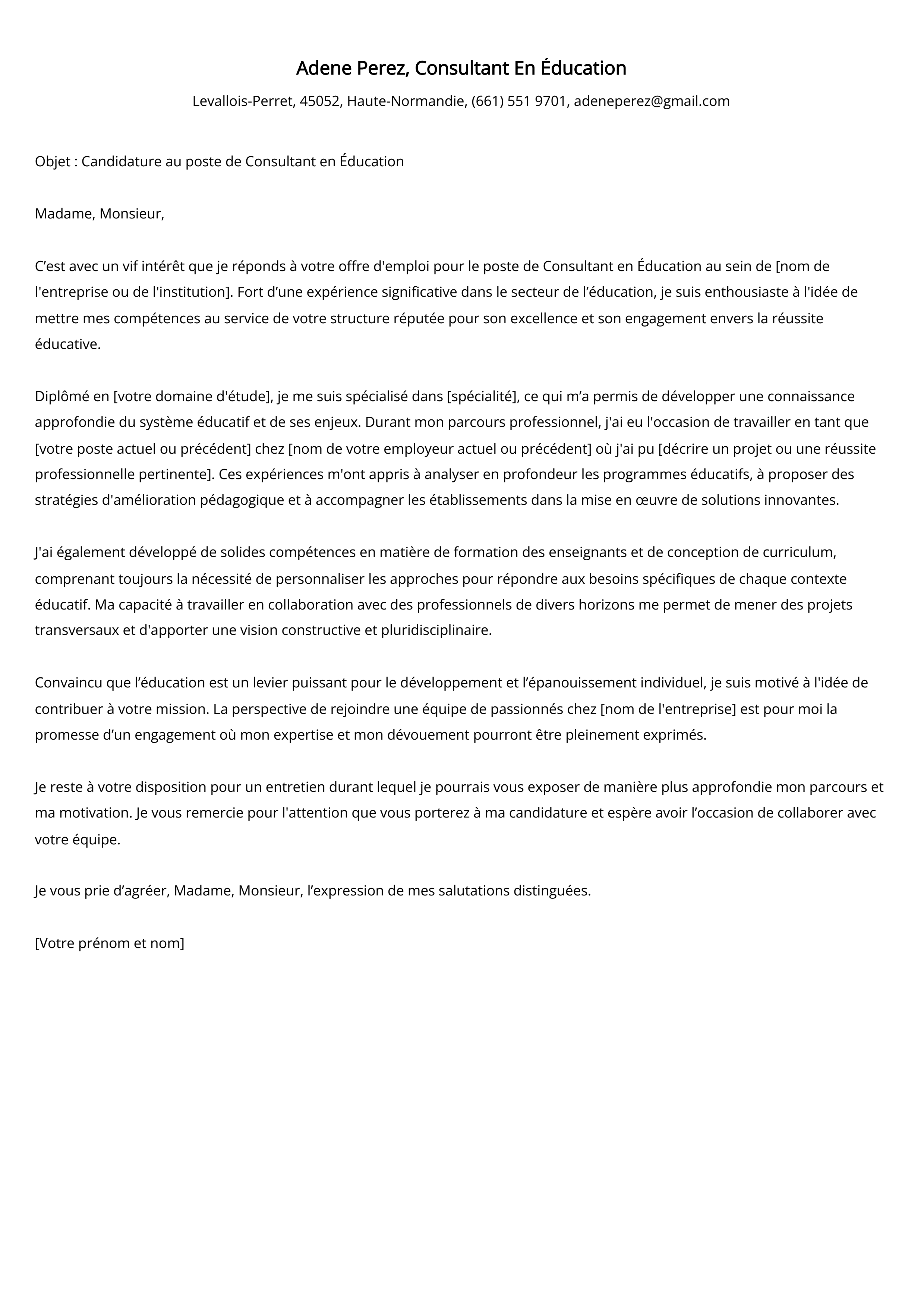 Exemple de lettre de motivation pour un consultant en éducation