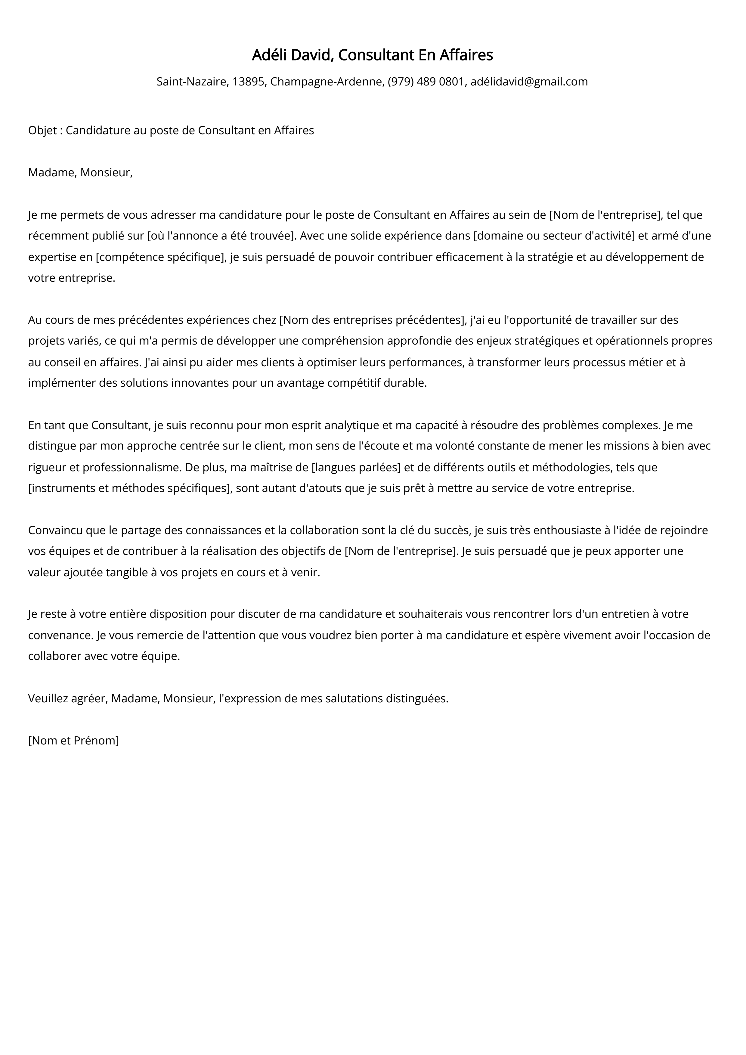 Exemple de lettre de couverture pour un consultant en affaires