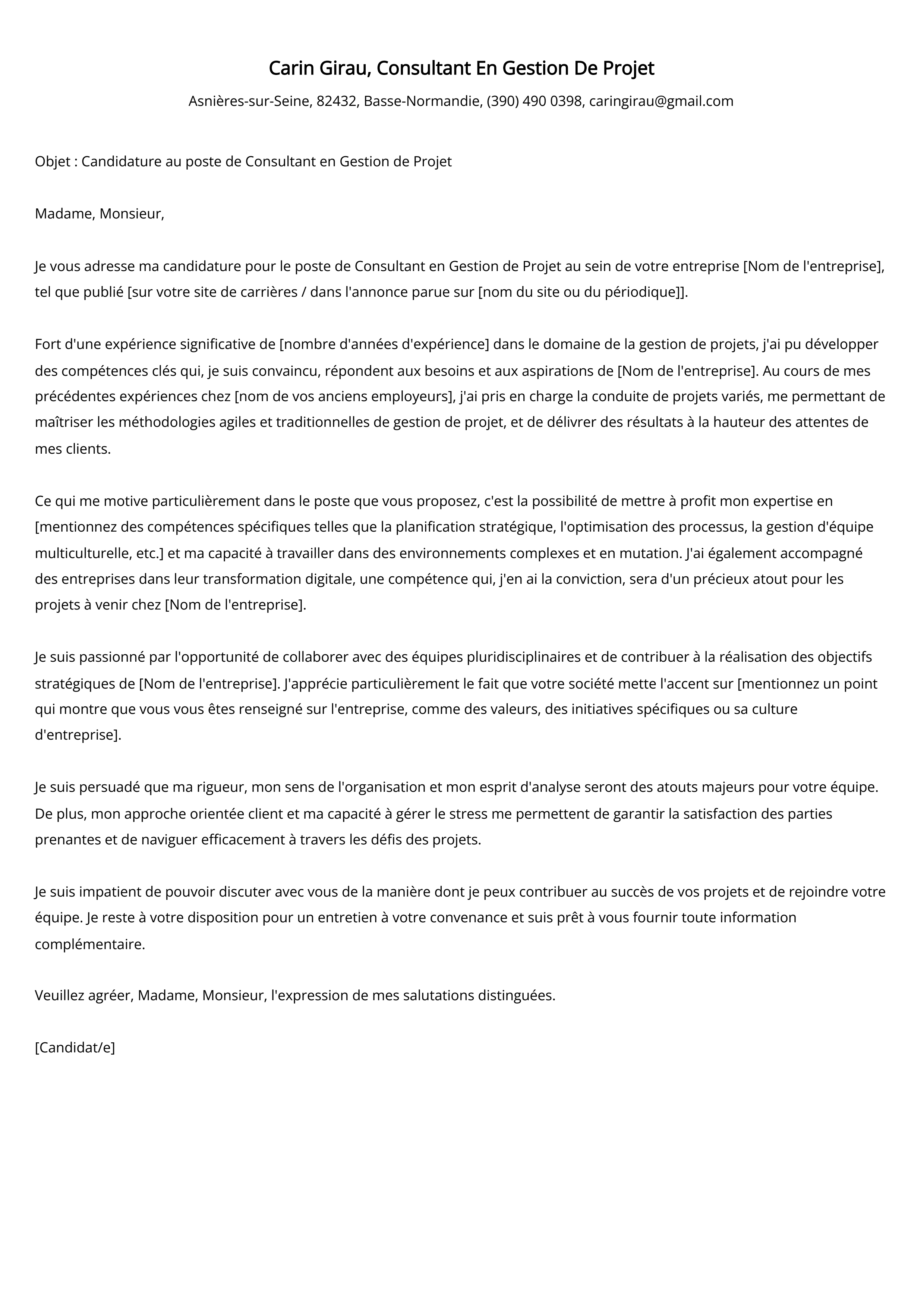 Consultant En Gestion De Projet Cover Letter Example