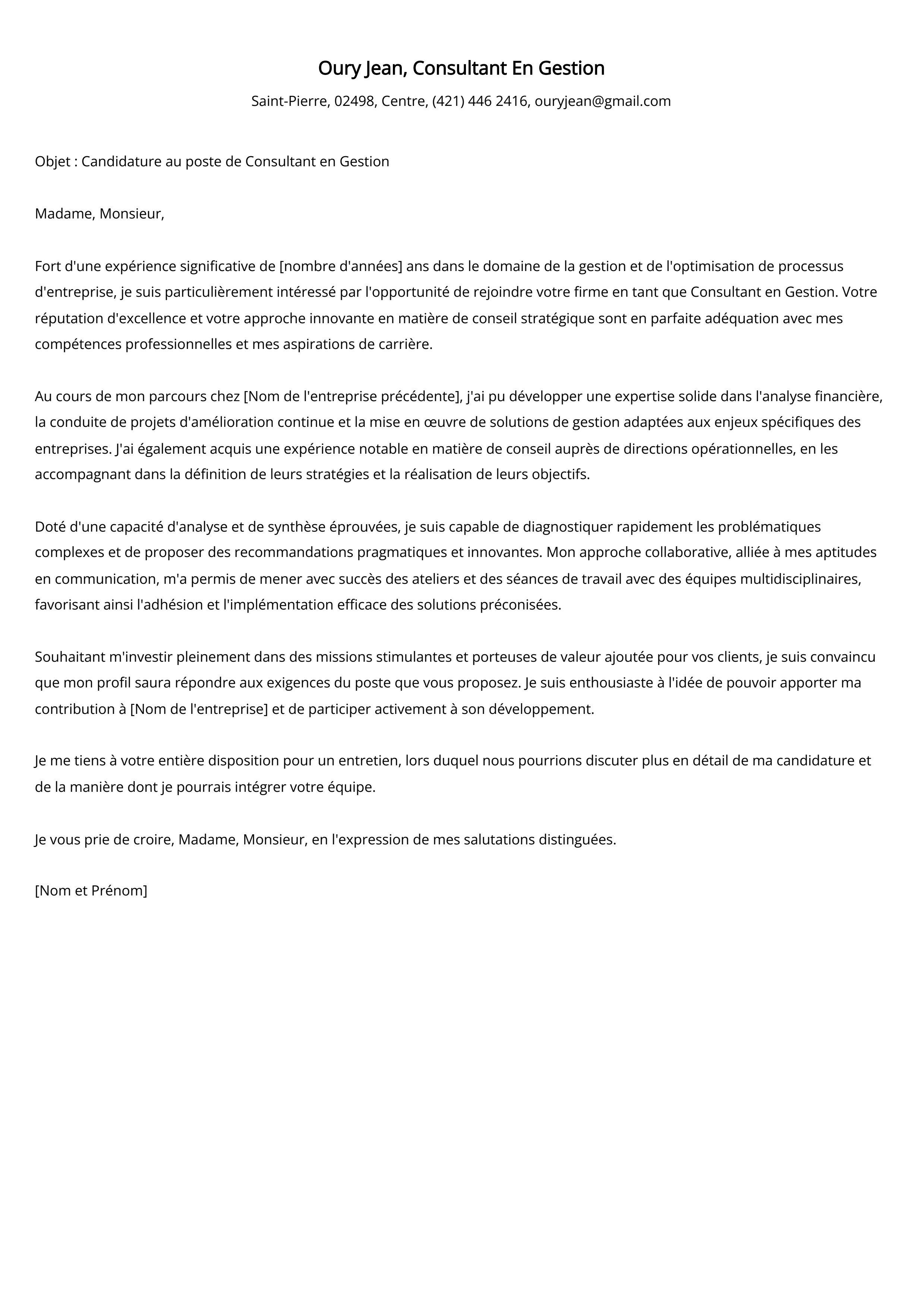 Exemple de lettre de couverture pour un consultant en gestion