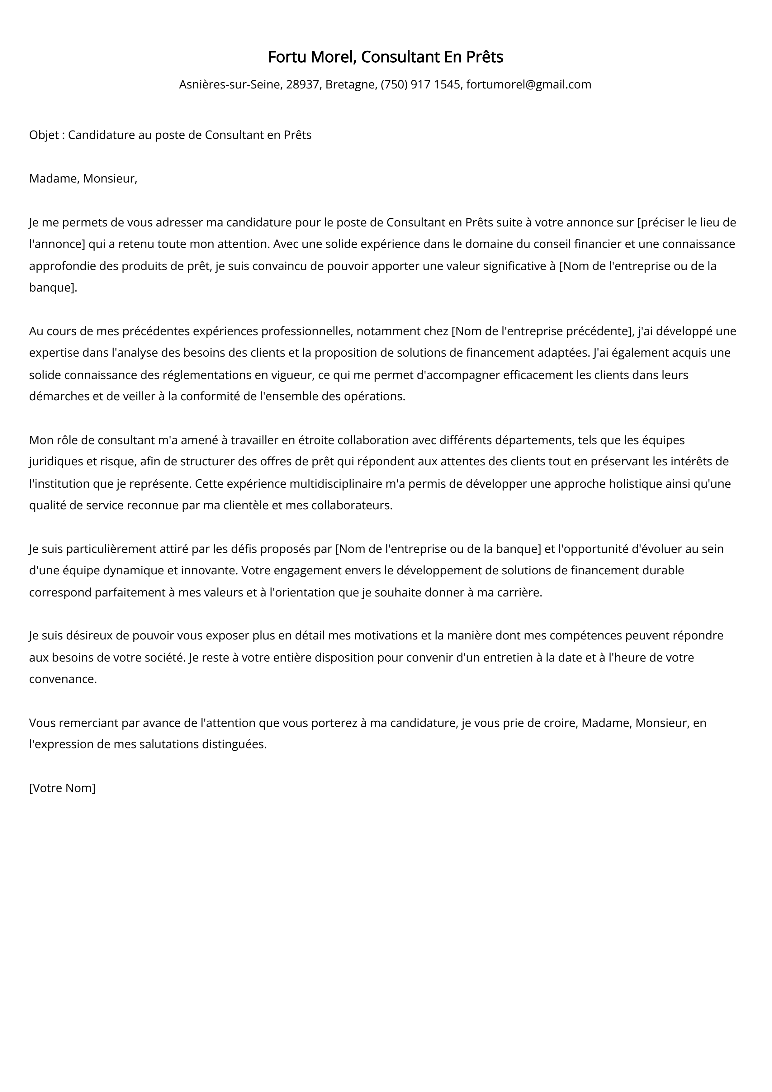 Exemple de lettre de motivation pour un consultant en prêts