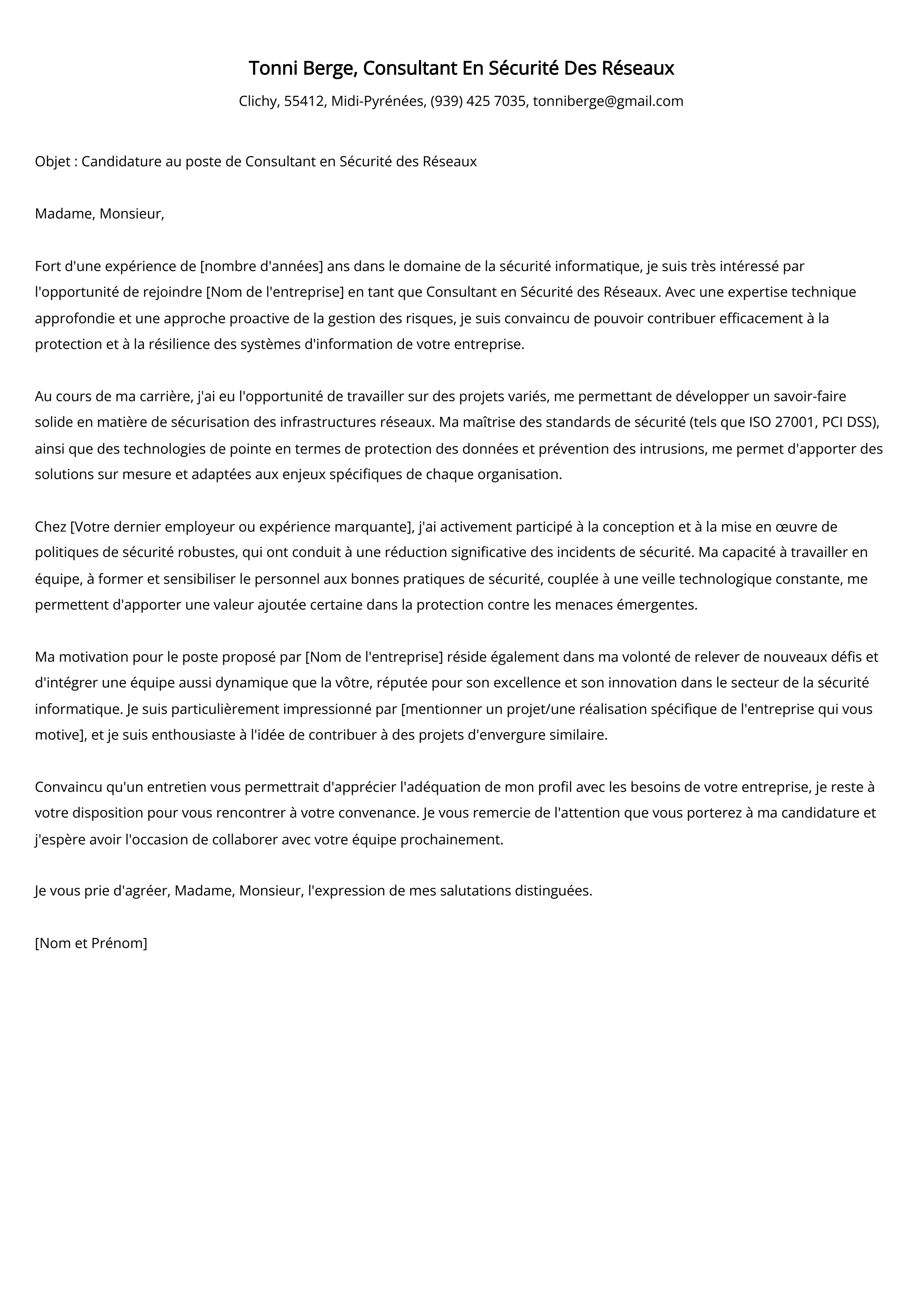 Exemple de lettre de motivation pour un consultant en sécurité des réseaux