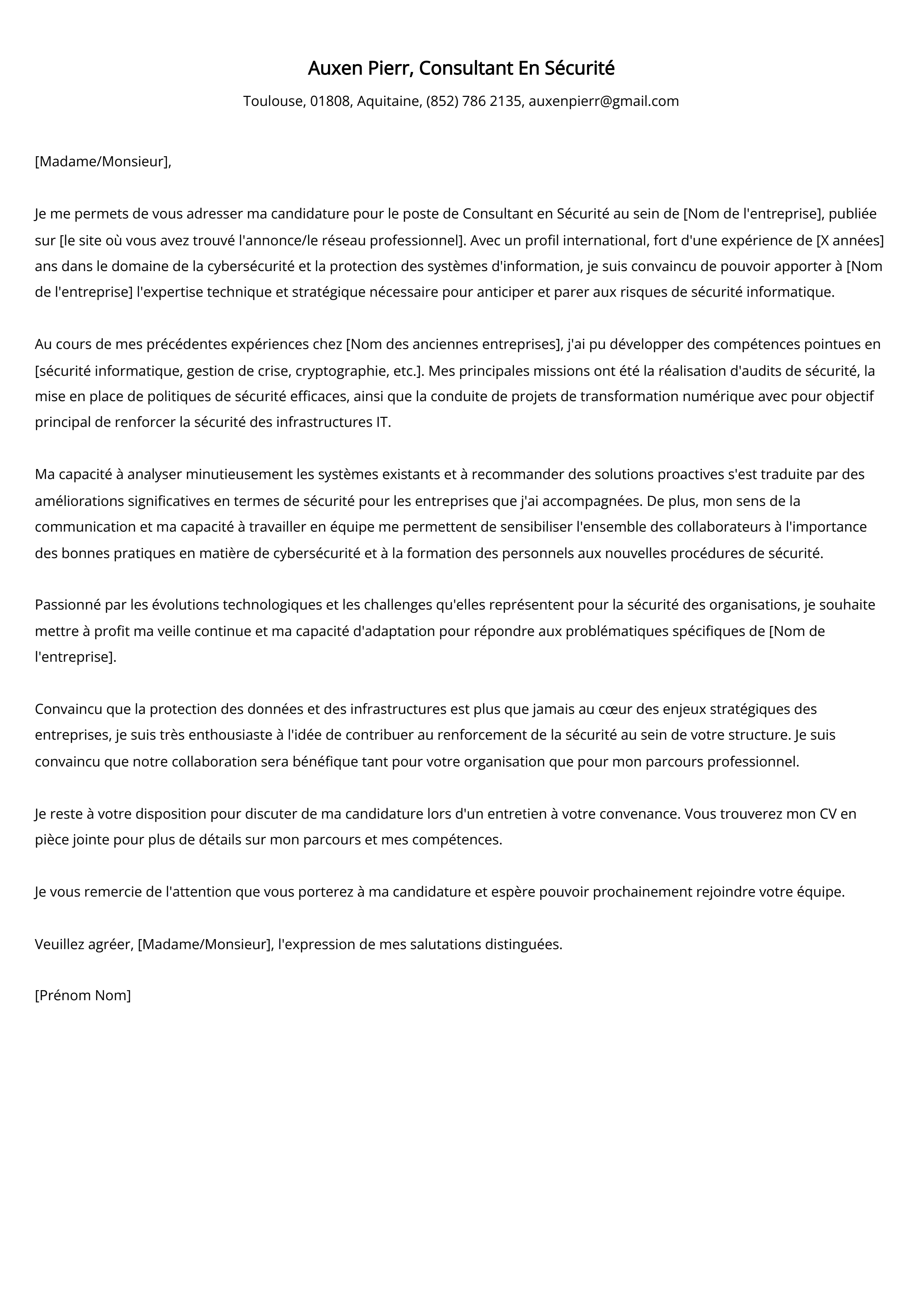 Consultant En Sécurité Cover Letter Example