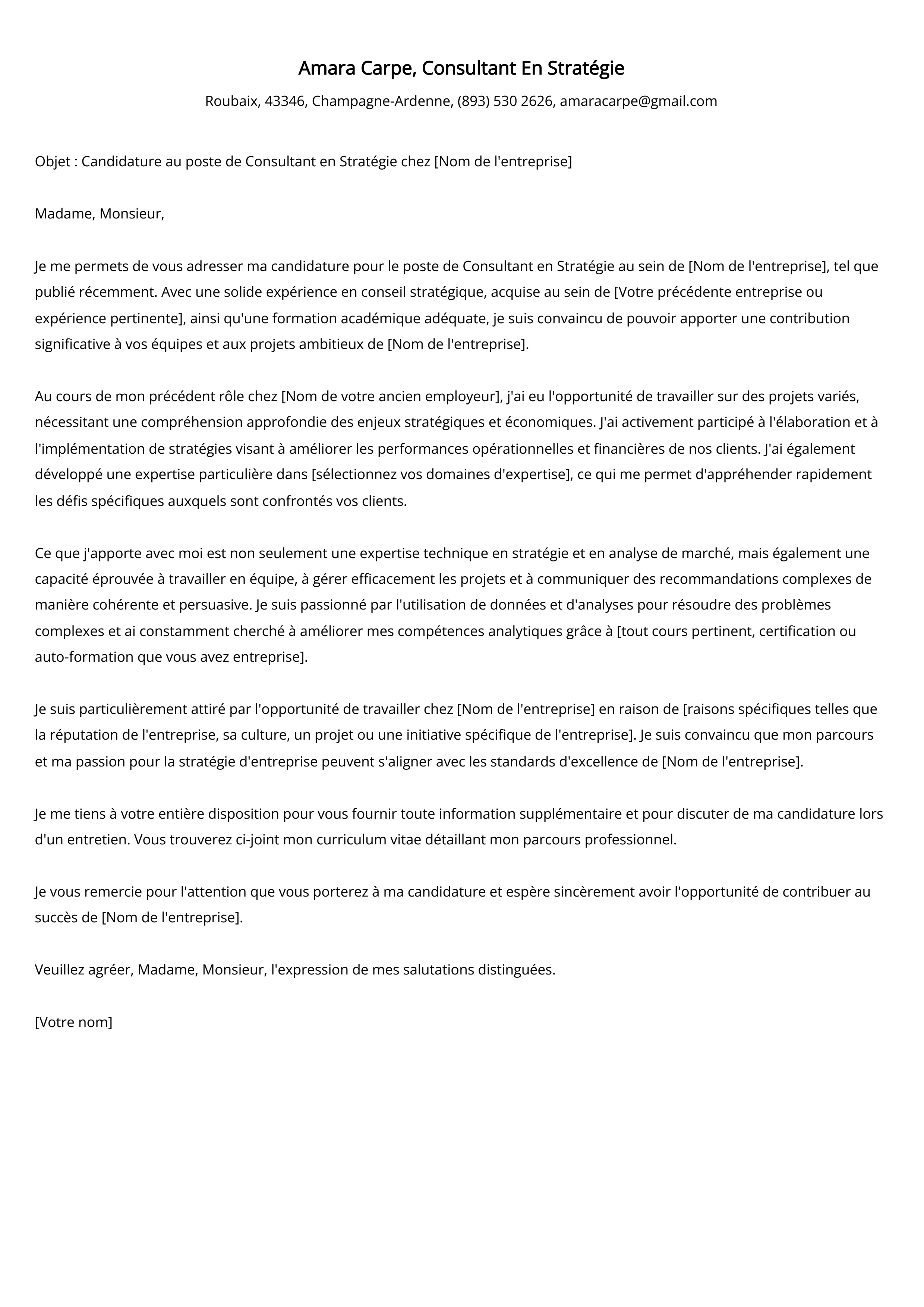 Consultant En Stratégie Cover Letter Example