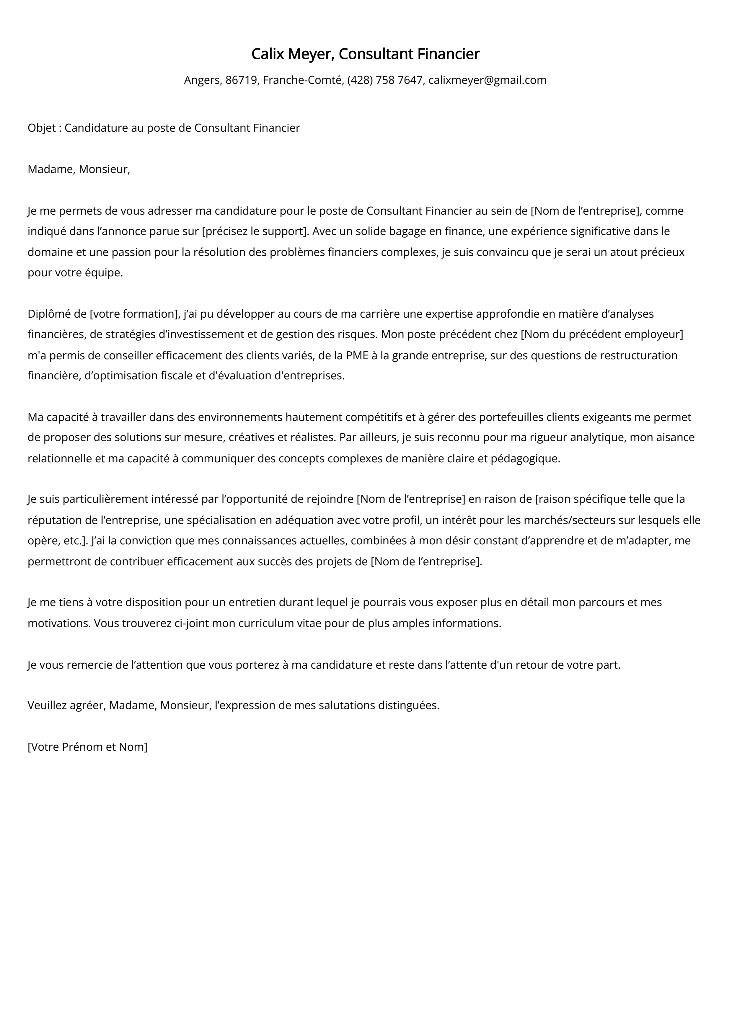 Exemple de lettre de couverture pour un consultant financier