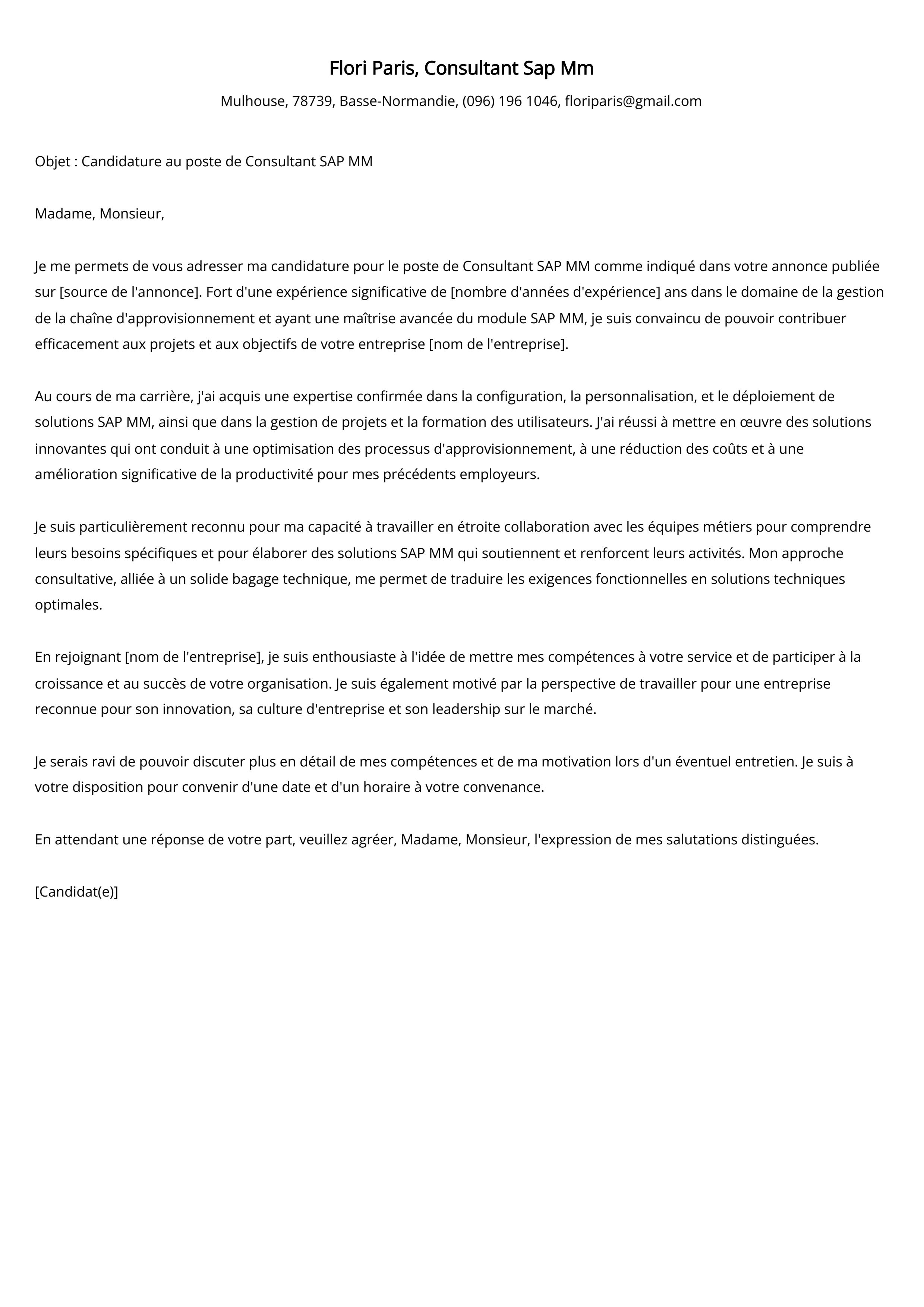 Exemple de lettre de motivation pour un consultant Sap Mm