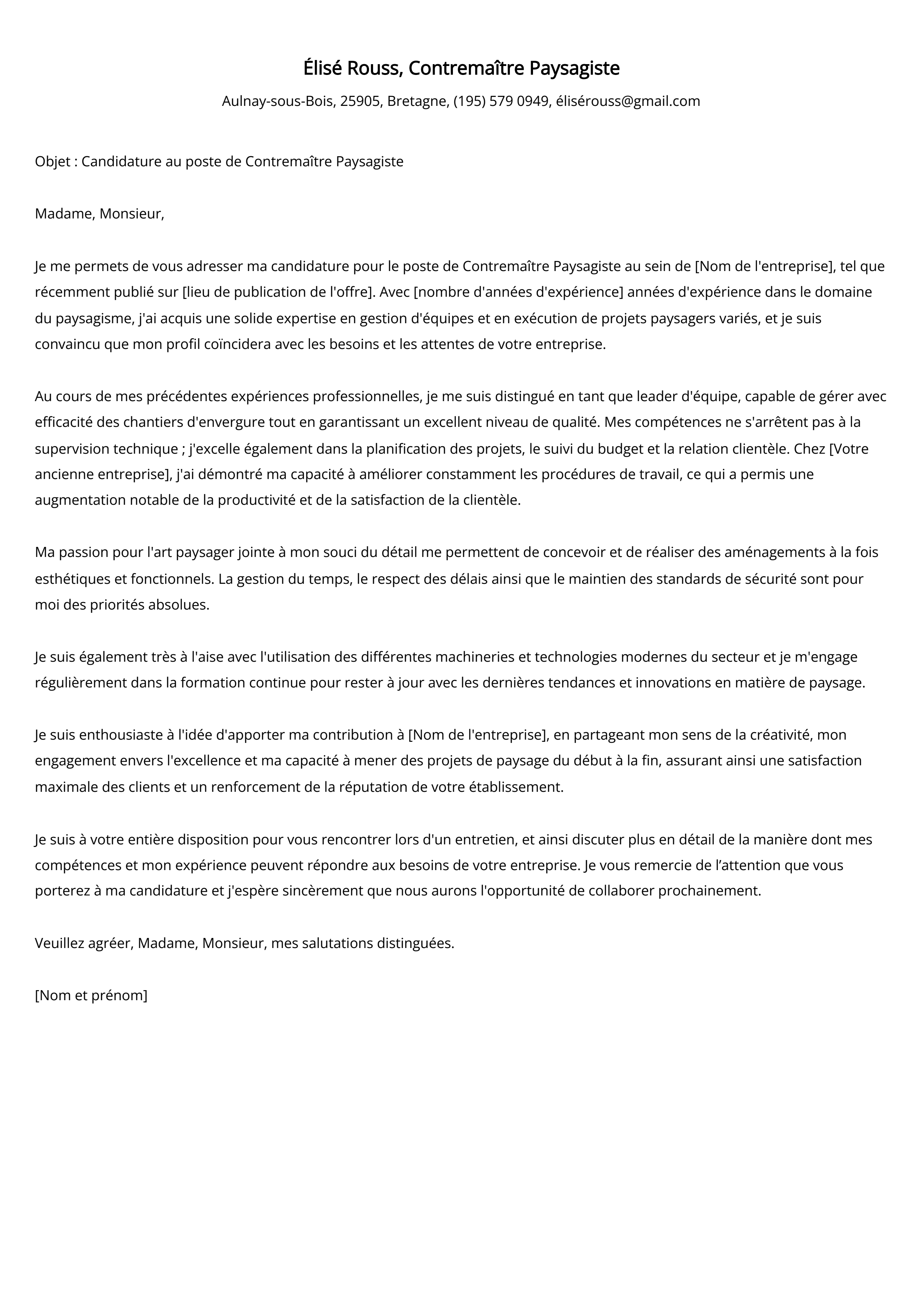 Contremaître Paysagiste Cover Letter Example