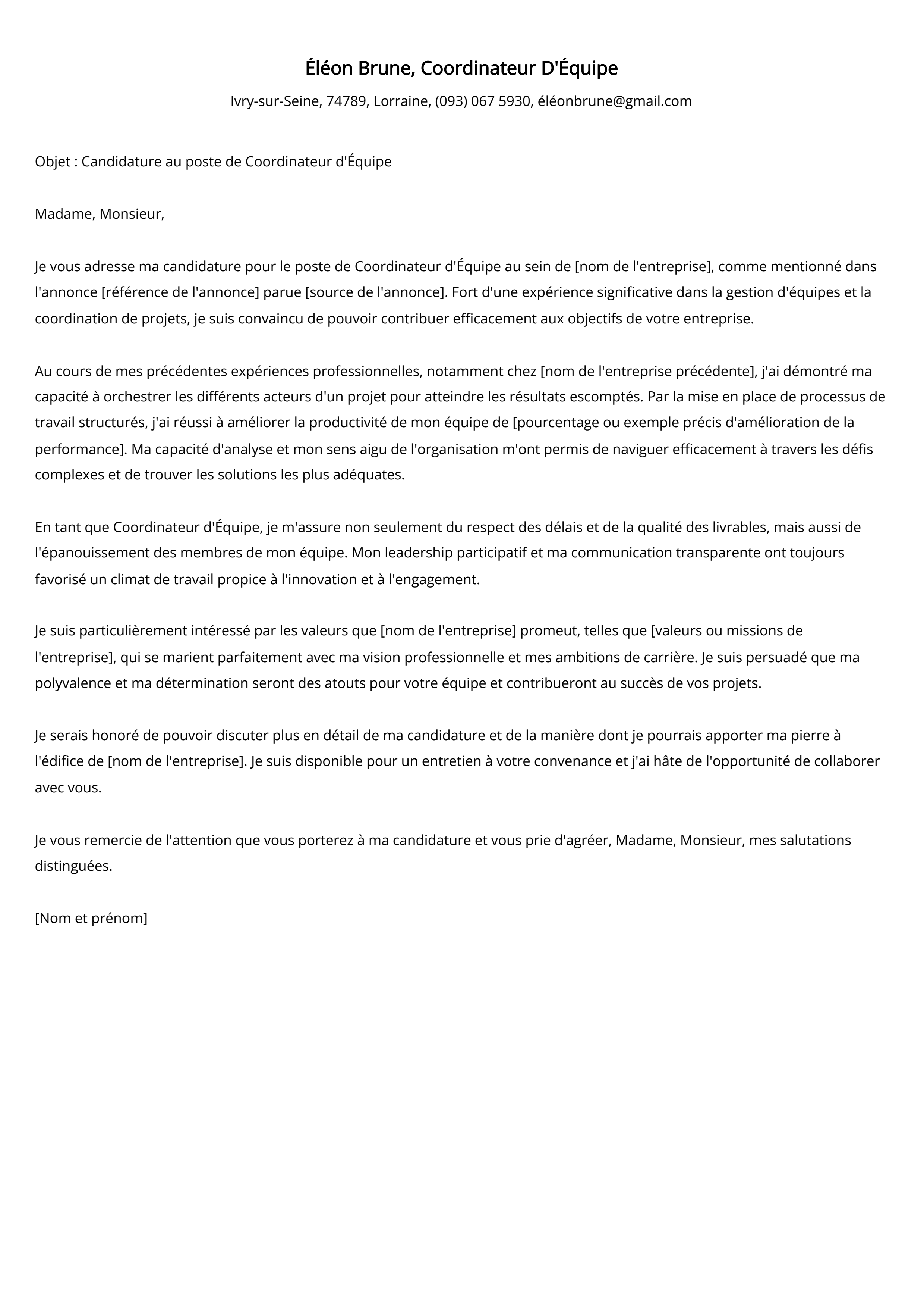 Exemple de lettre de motivation pour un coordinateur d'équipe