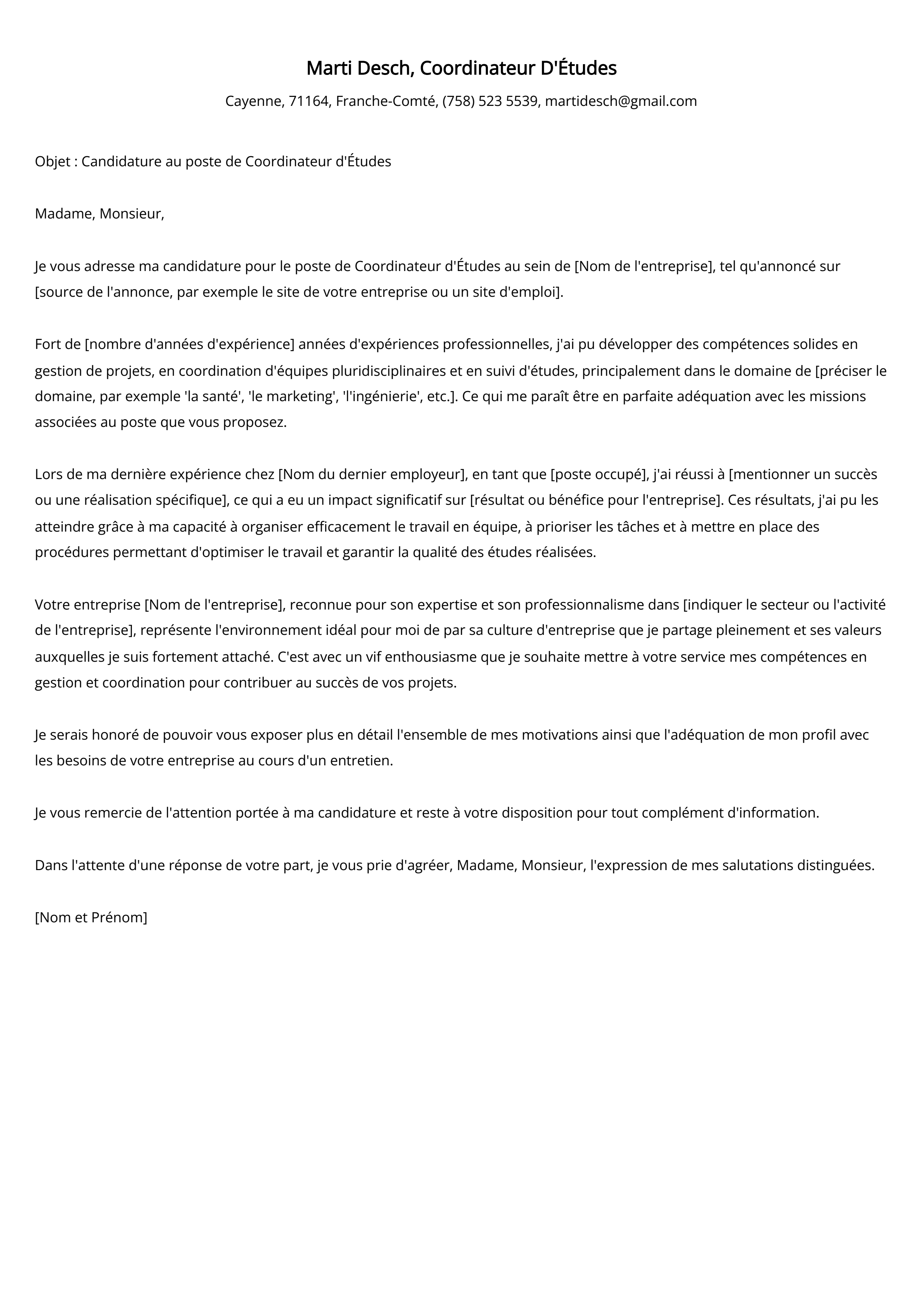 Exemple de lettre de motivation pour le coordinateur d'études