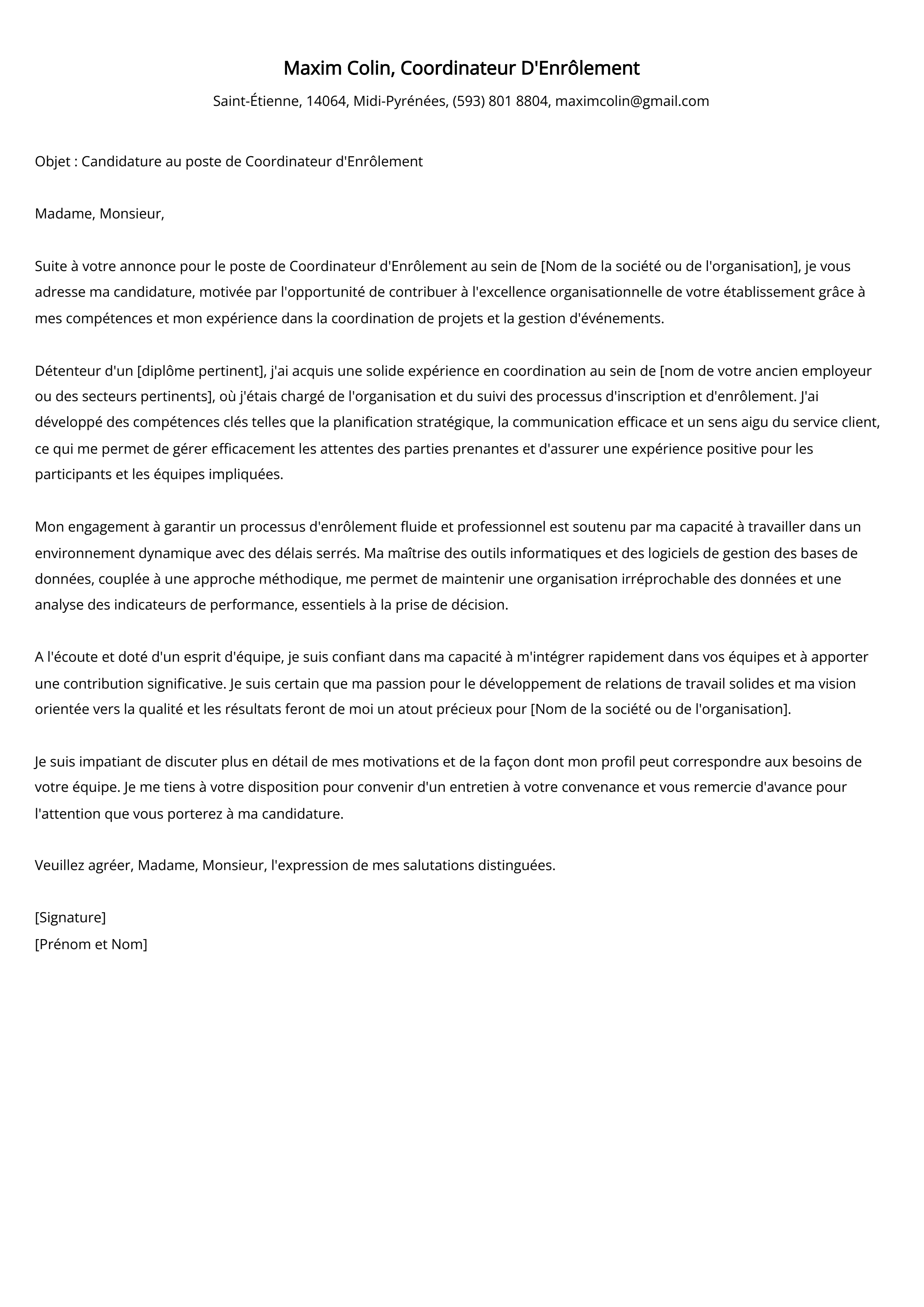 Coordinateur D'Enrôlement Exemple de lettre de motivation