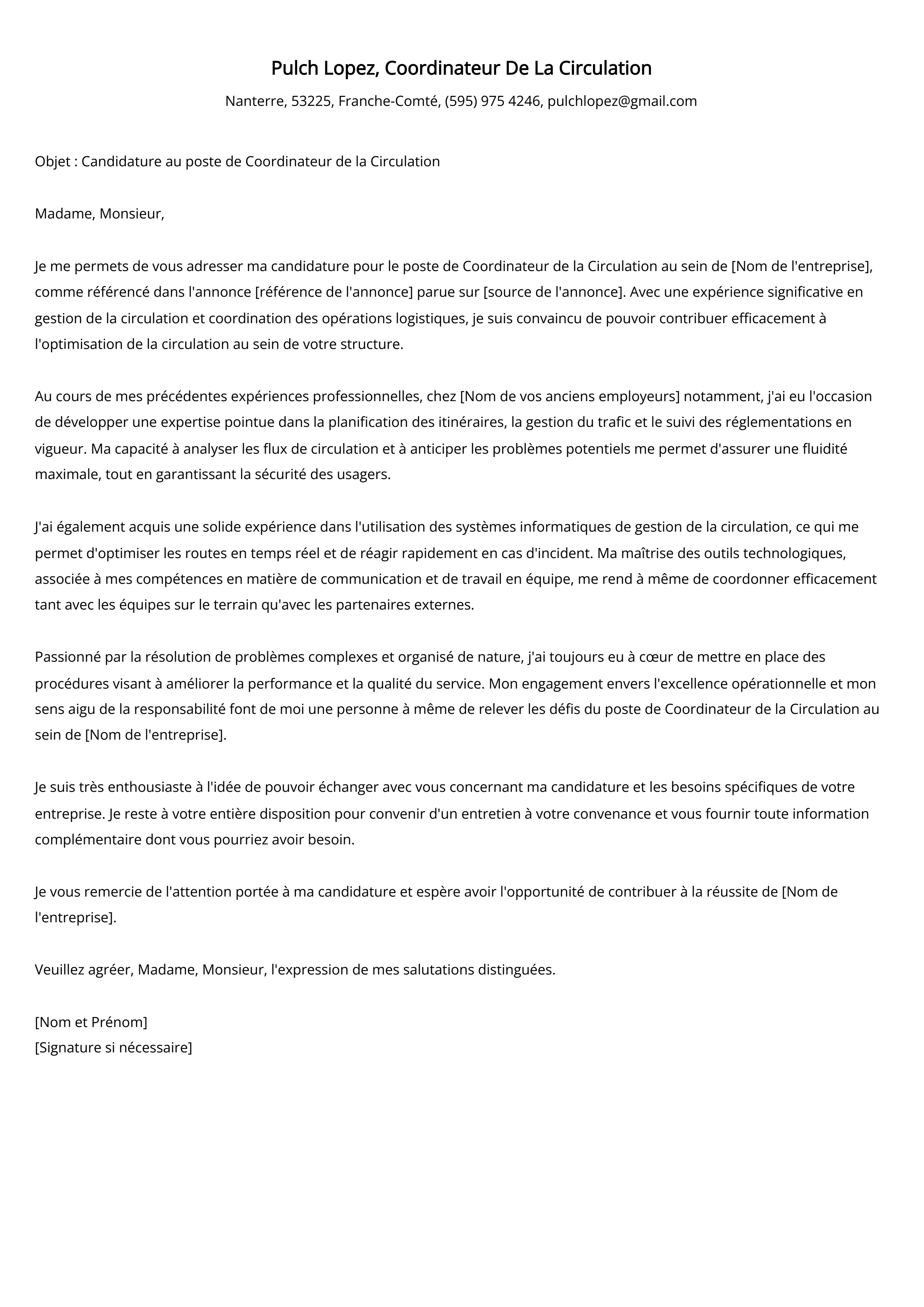 Coordinateur de la circulation Exemple de lettre de motivation